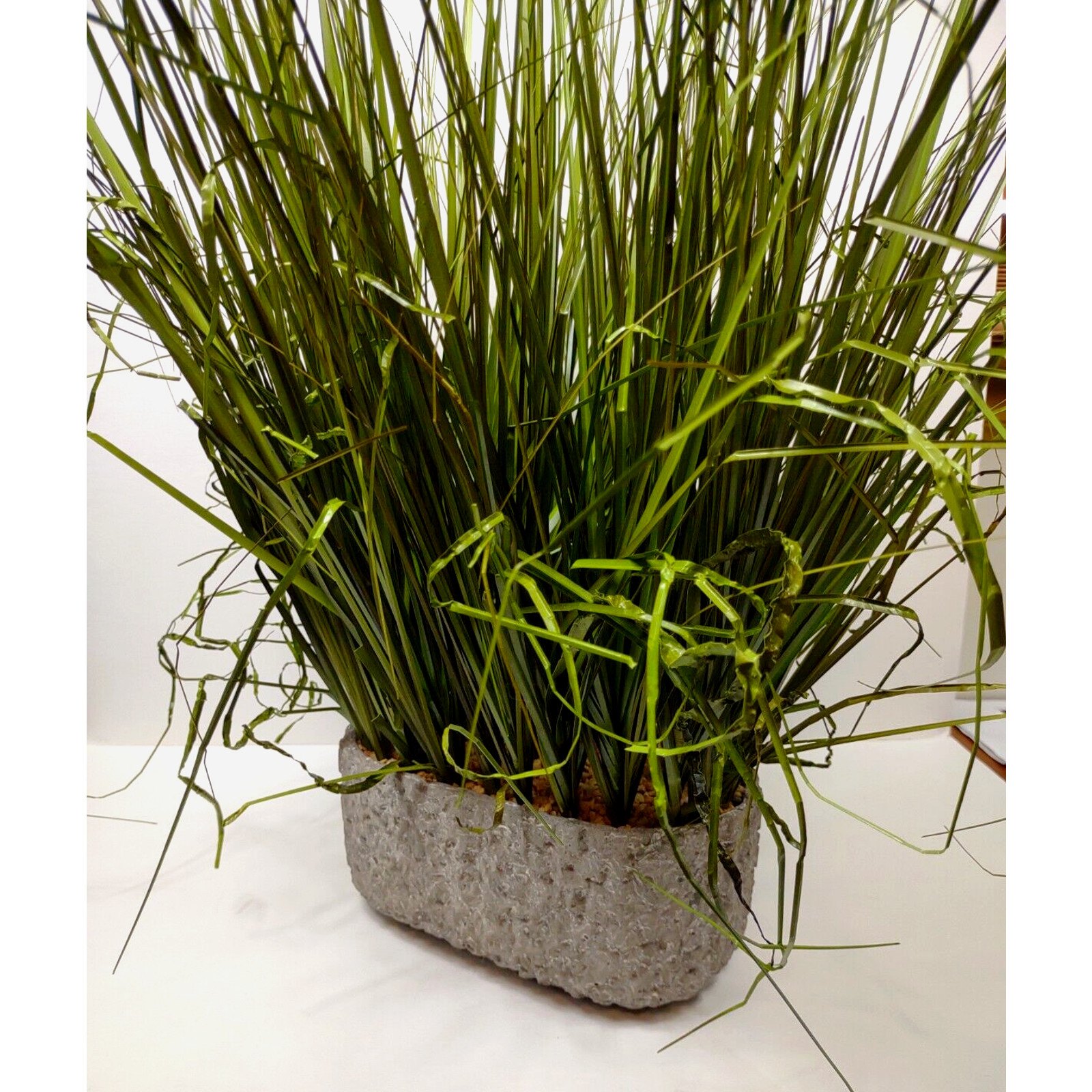 Faux Grass Center Piece Arrangement Rock Filled Cast Textured Vase 24” Tall
