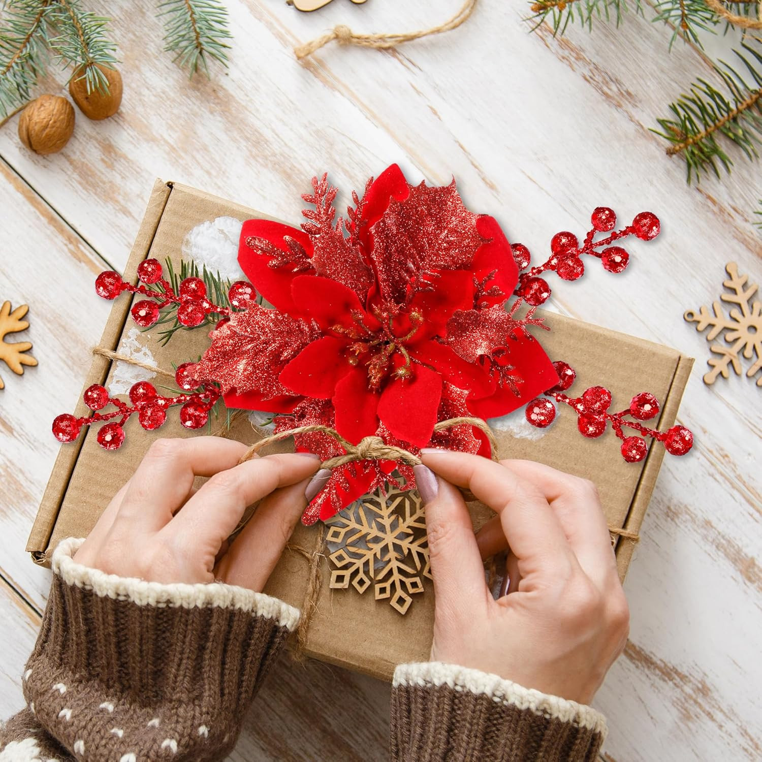30 Pcs 3 Styles Christmas Glitter Poinsettia Flowers Artificial Berry Picks Chri