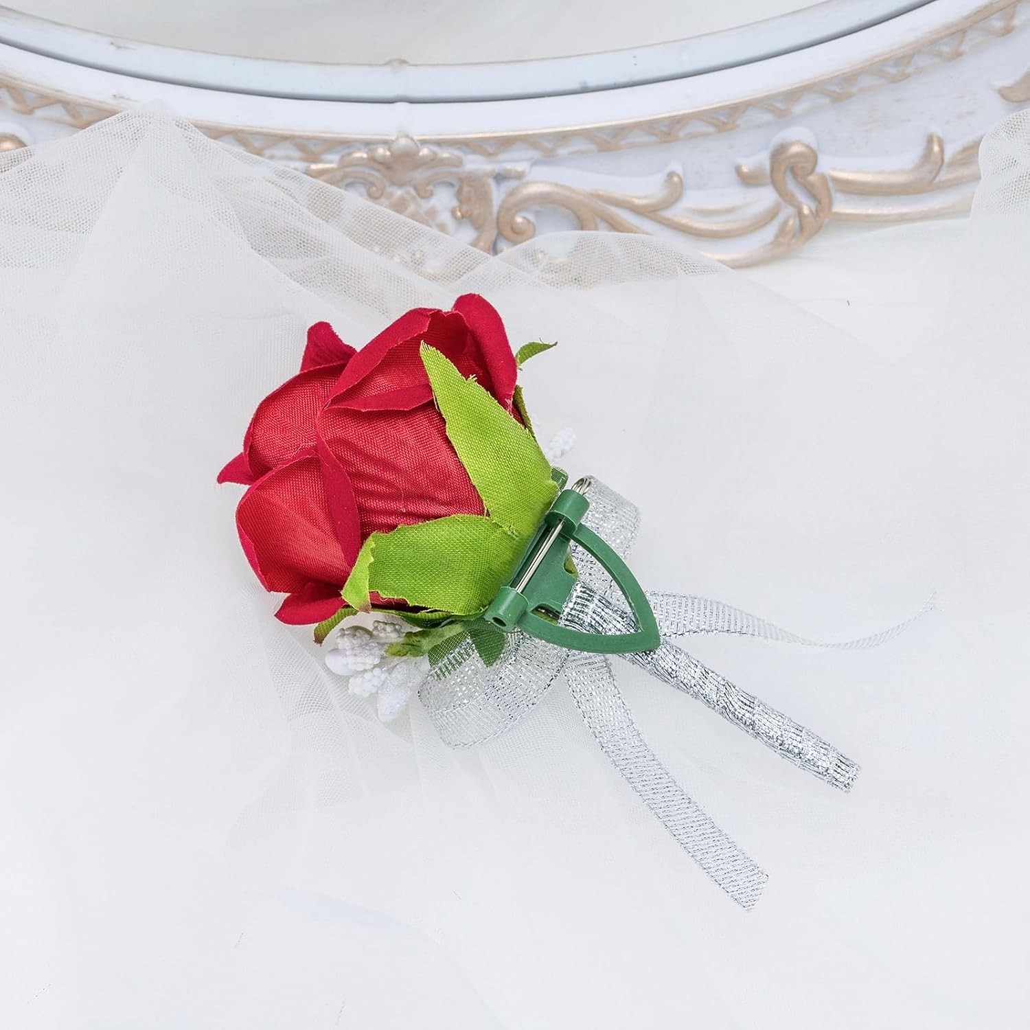 Red Rose Boutonniere Set of 2 Artificial Flowers Wedding Prom Party