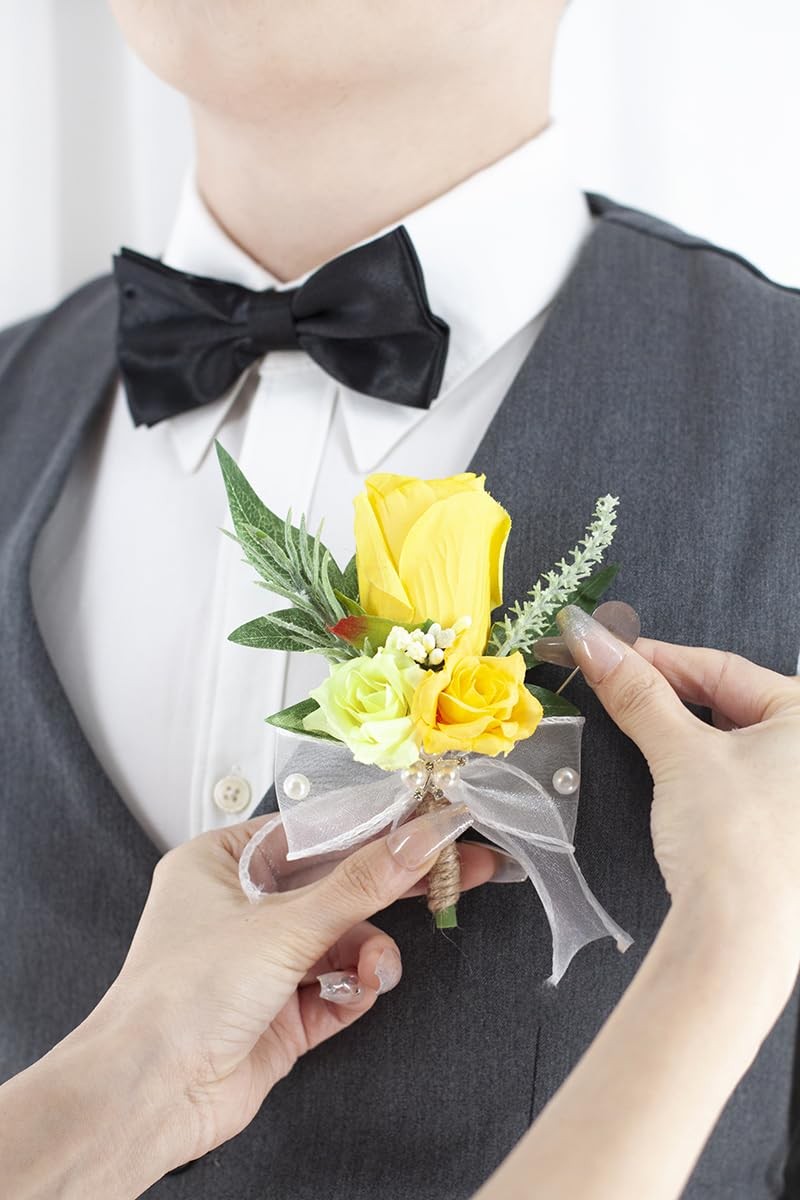 Yellow Corsage and Boutonniere Set for Wedding Prom, Artificial Rose Flower H…