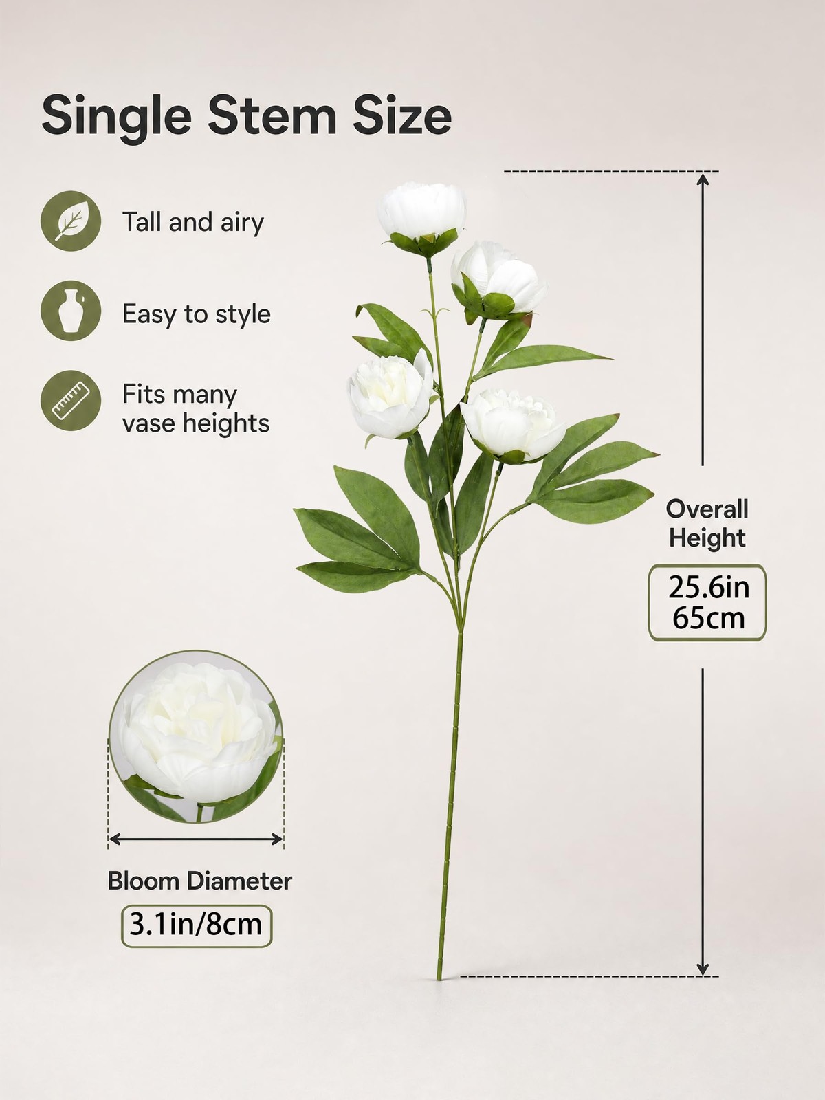 Artificial Peony Flowers for Tall Vase, 27″, 6 Pcs (White Peony)