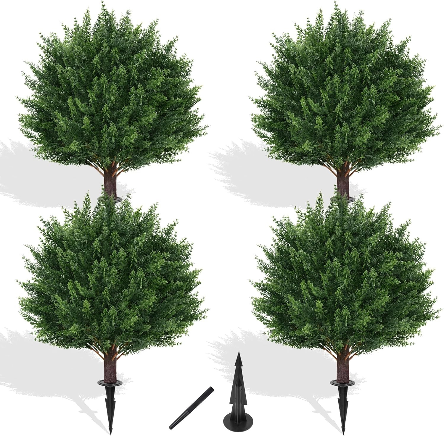 Yangrass Artificial Set of 4 Cedar Topiary Trees with Ground Spike, 4 Pack Artif