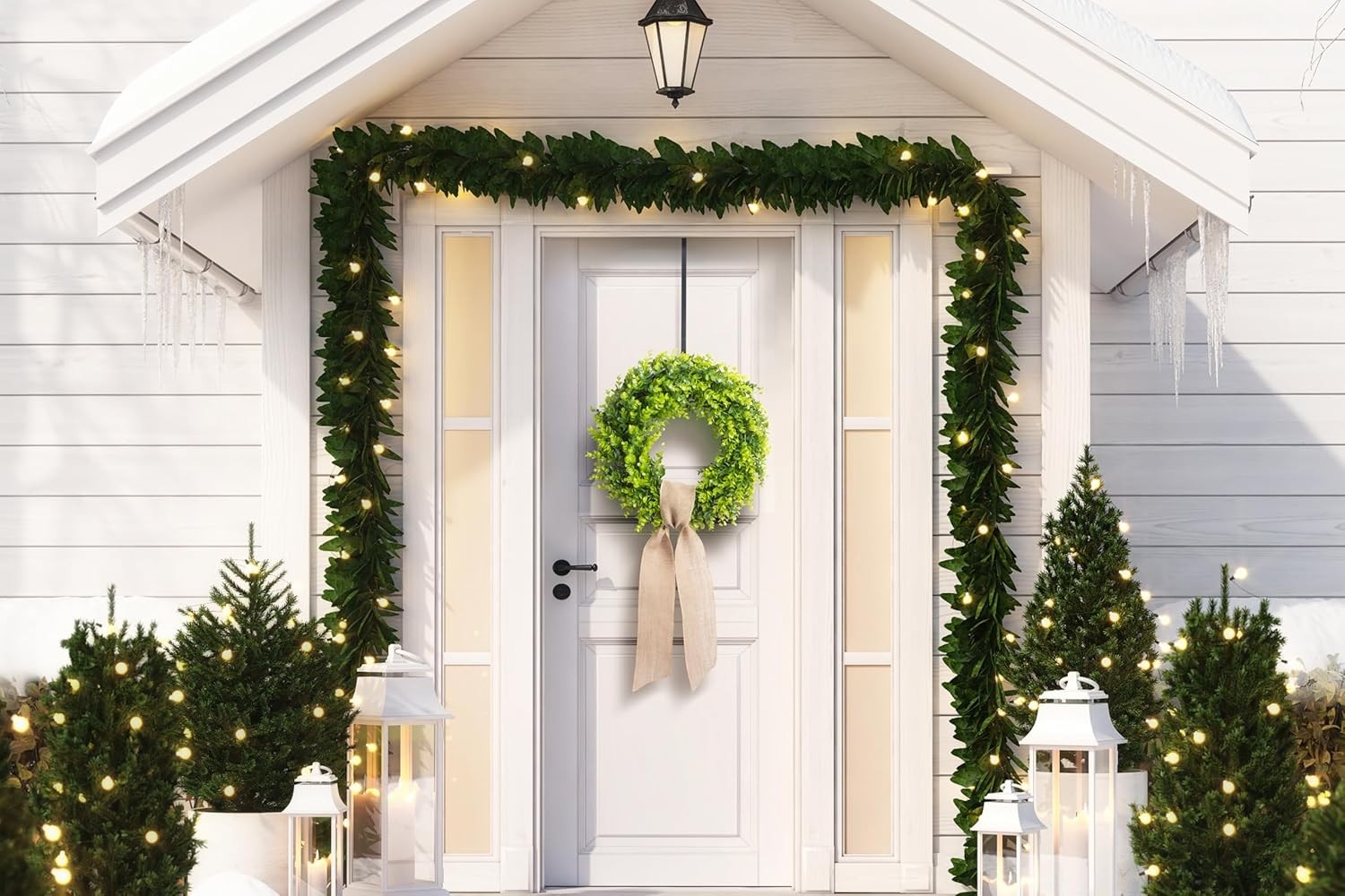 20″ Artificial Boxwood Wreath with Burlap Ribbon – UV-Resistant Weatherproof