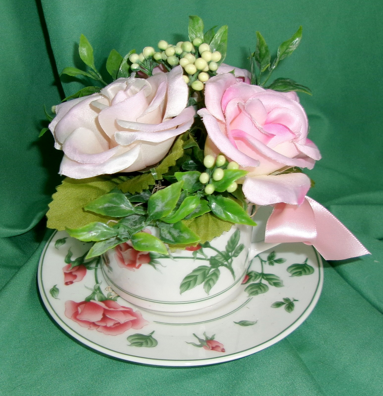 Floral Arrangement Vintage Cup Saucer Pink Silk Rose Home Decoration Accent New