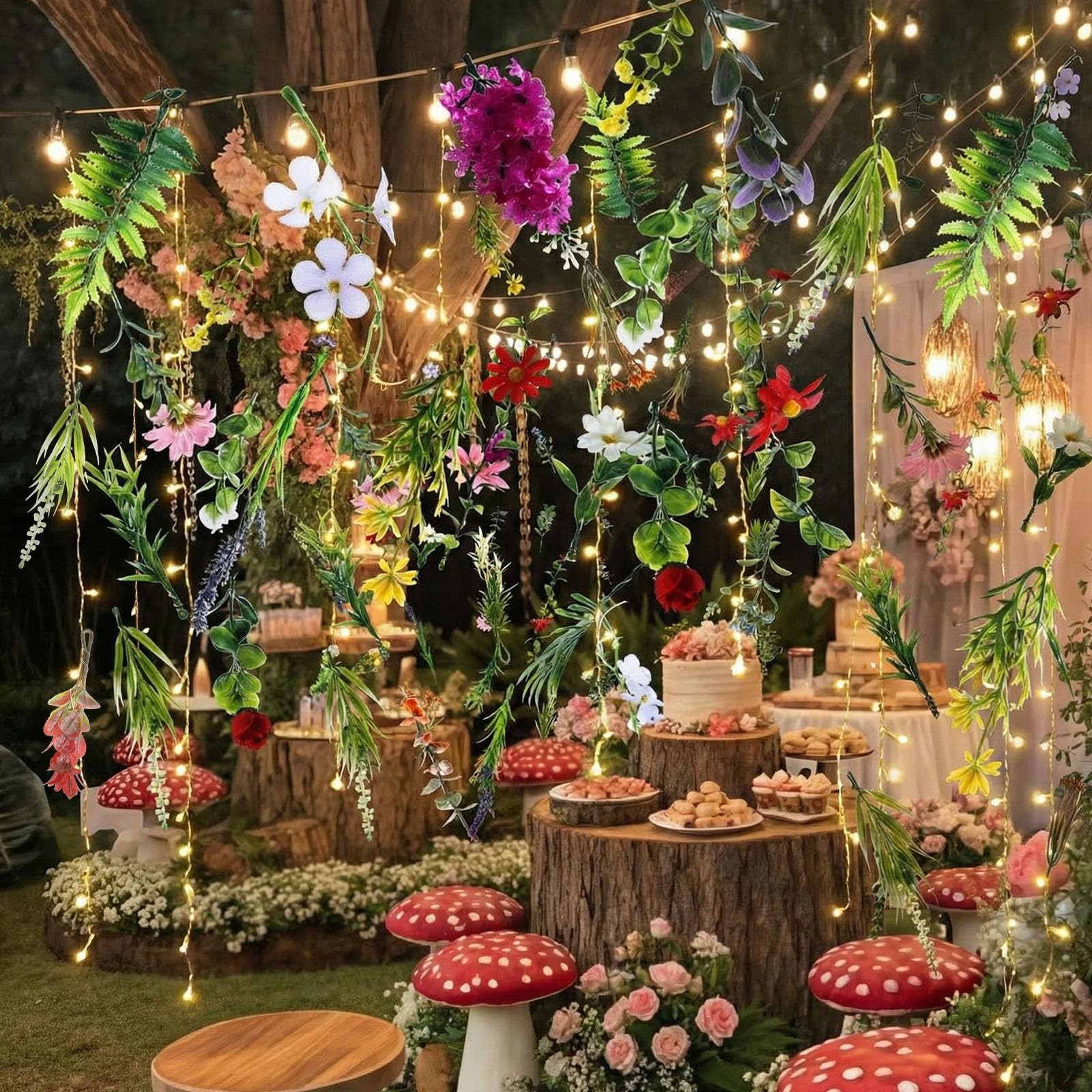 6 Pack 35.4ft Fake Flower Garland Backdrop with Lights Hanging Wildflower Flo…