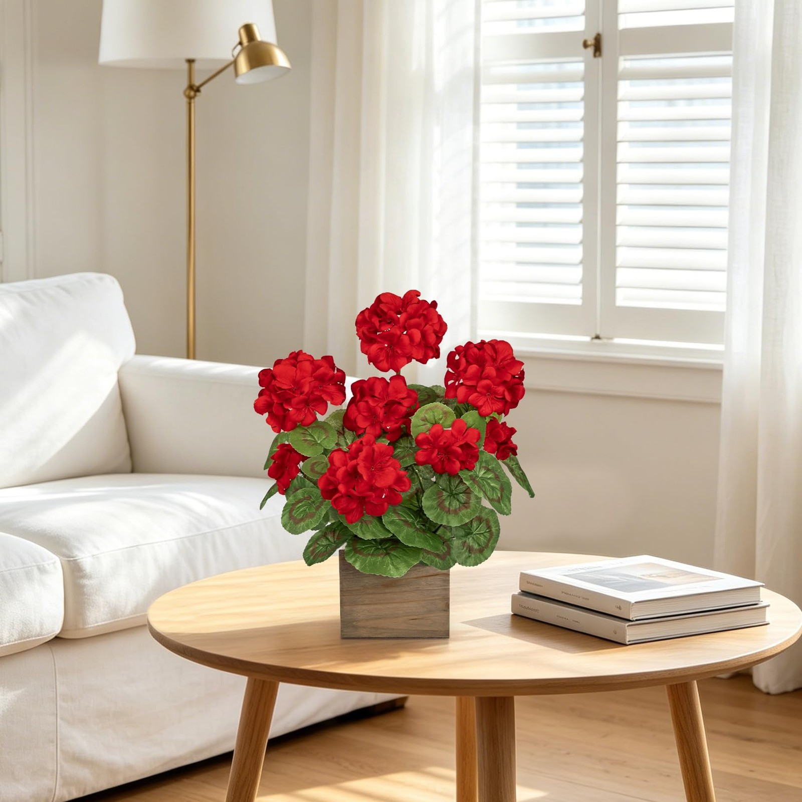 Artificial Geraniums Flowers in Square Wooden , Faux Red Silk Geranium Potted…