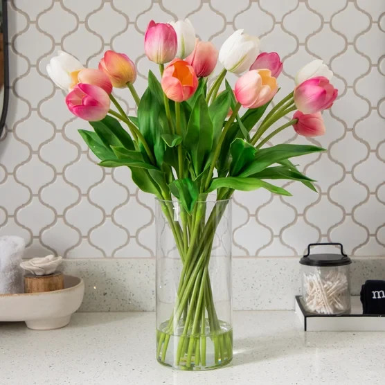 TULIPS FAKE ARTIFICIAL FLOWER FLORAL ARRANGEMENT SILK FLOWERS CERAMIC VASE NEW