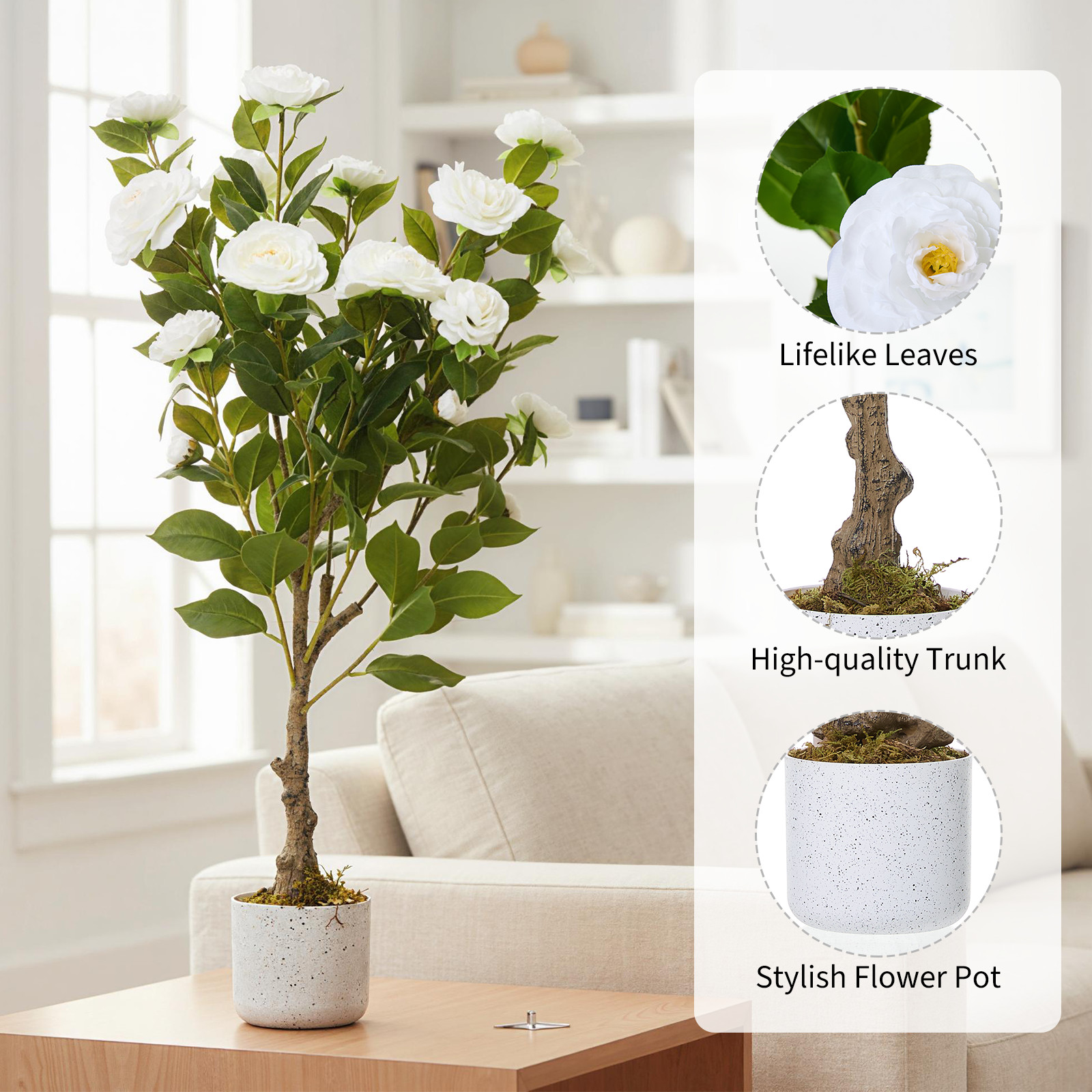 2.8FT Artificial Camellia Tree White Flower Cement Pot Indoor Outdoor Deco Plant