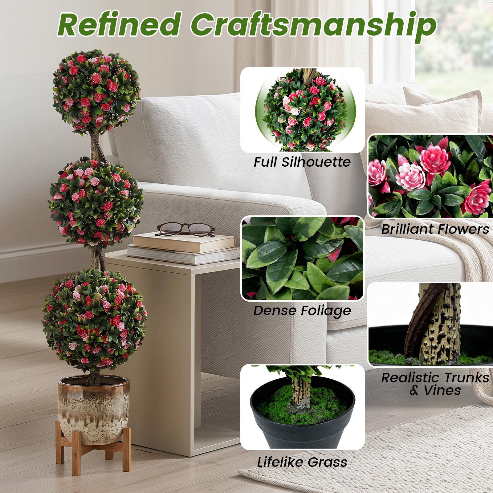 43.5” Artificial Triple Ball Rose Topiary Tree w/Lifelike Blooms & Green Leaves
