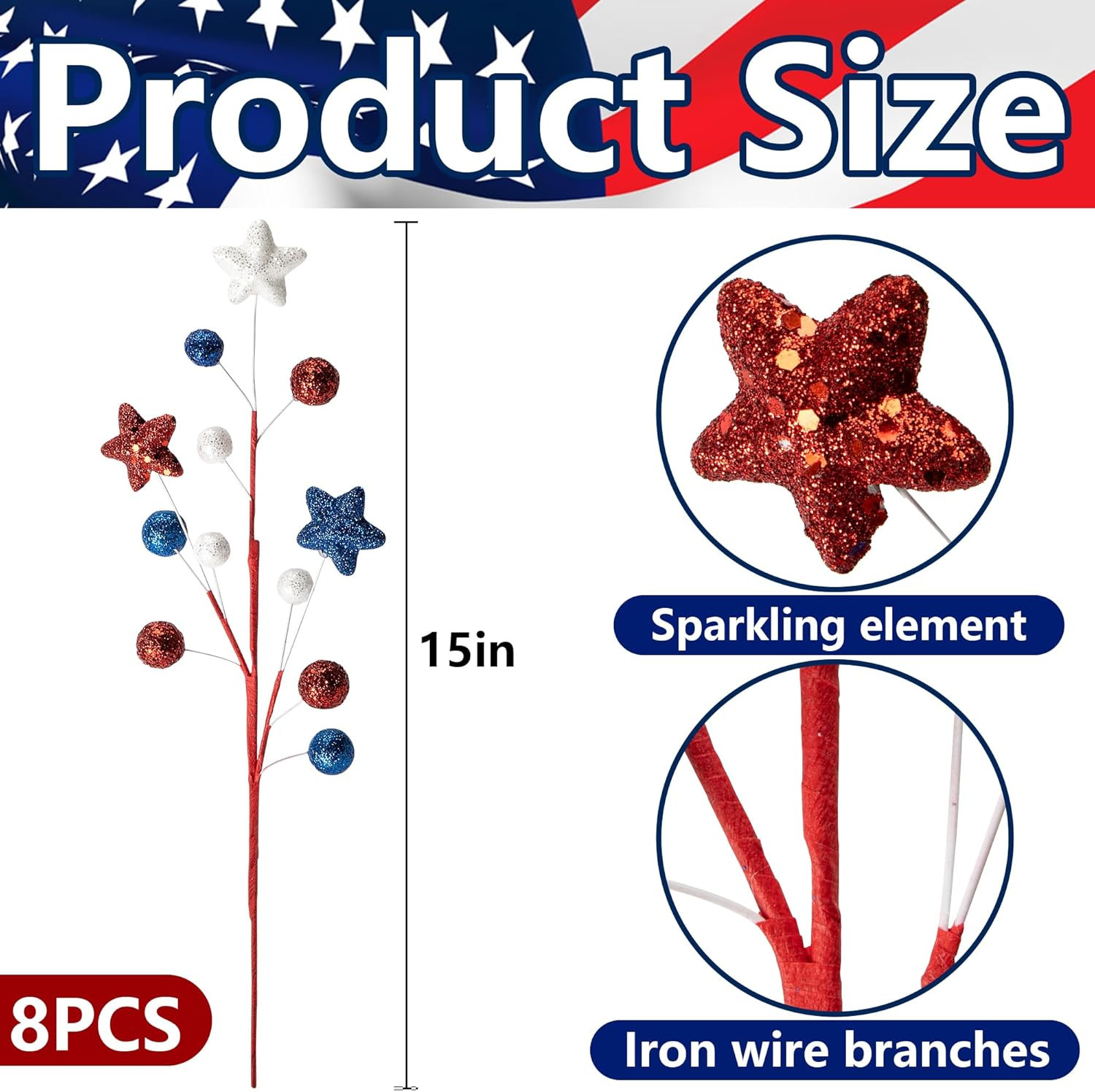 8 Pack 15″ Large Patriotic Glitter Ball Centerpiece Stems, Independence Day Arti