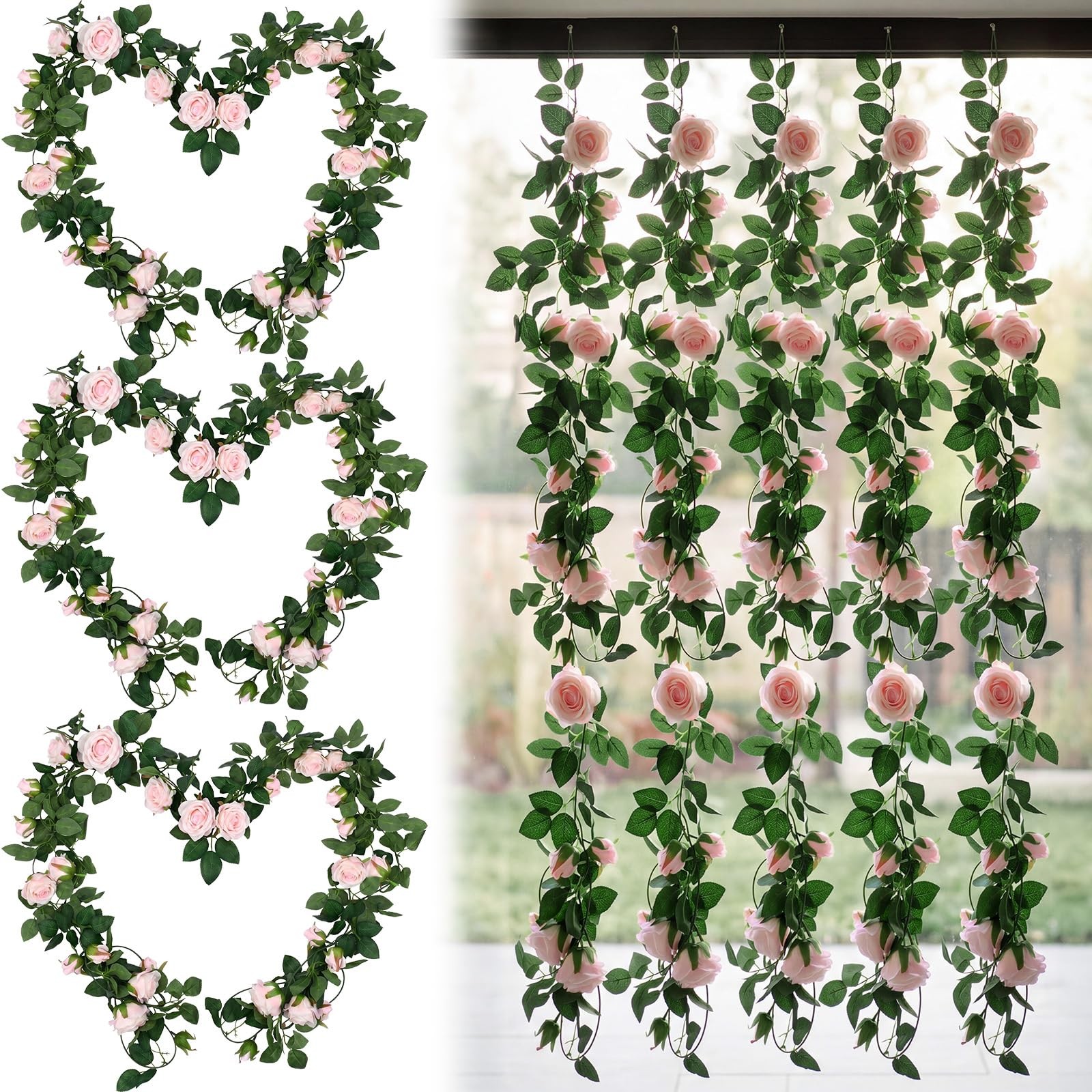 8 Pcs 54ft Artificial Pink Rose Flower Garland Realistic Silk Fake Flowers Ha…
