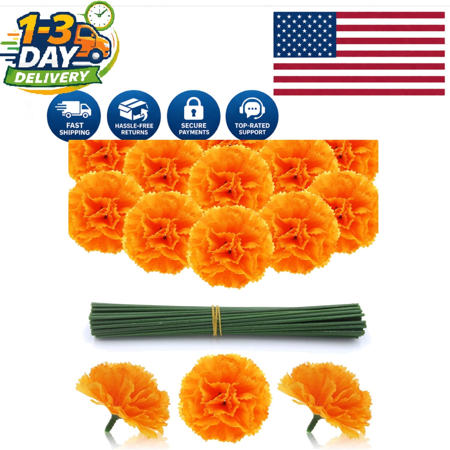 Vibrant 50 Pcs Artificial Marigold Heads with Stems for Festive Arrangements