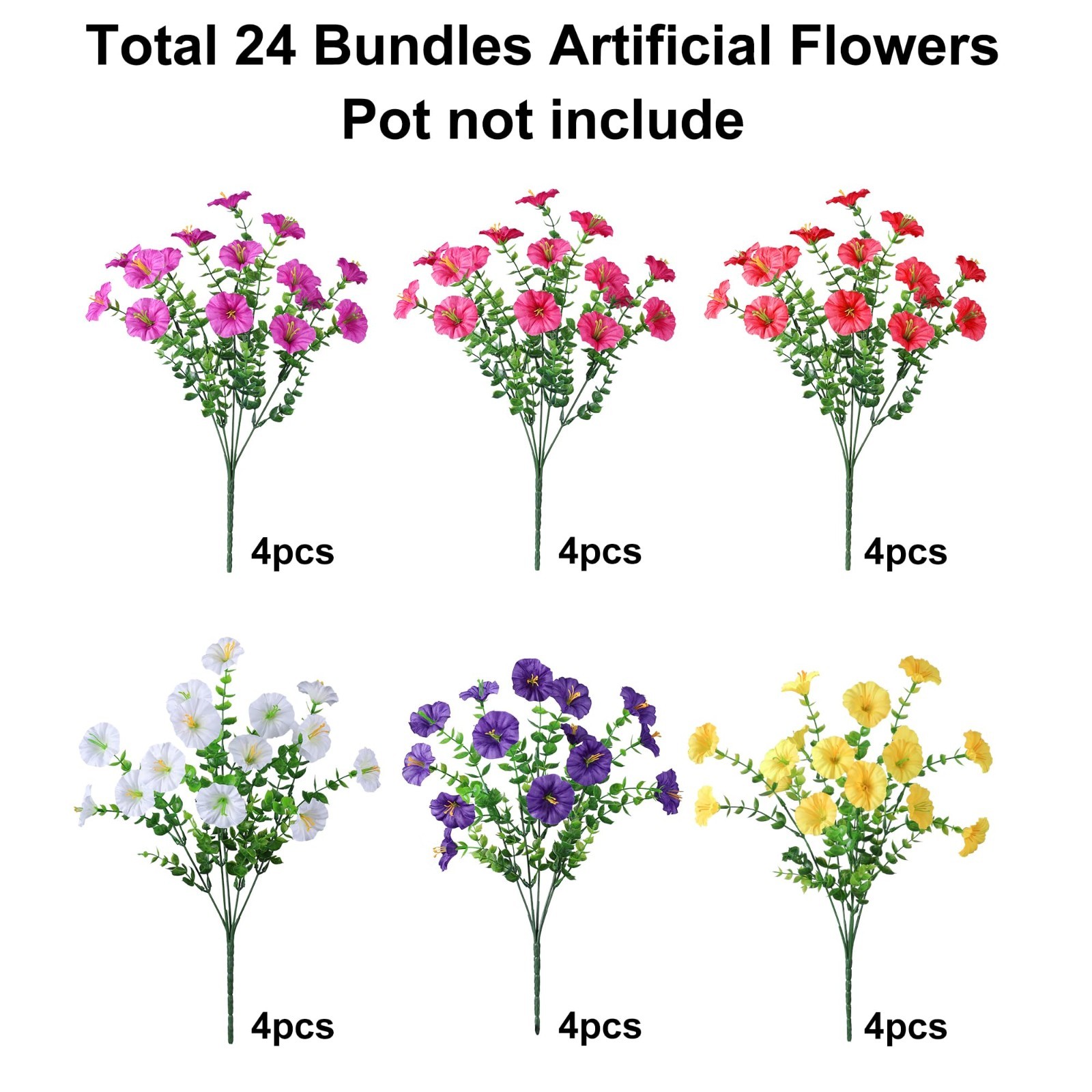 24 Bundles Faux Silk Flowers – UV Resistant Morning Glory & Petunias for Outdoor
