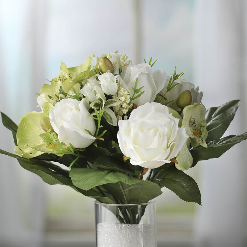 Factory Direct Craft Elegant White Artificial Rose and Soft Green Orchid Bu