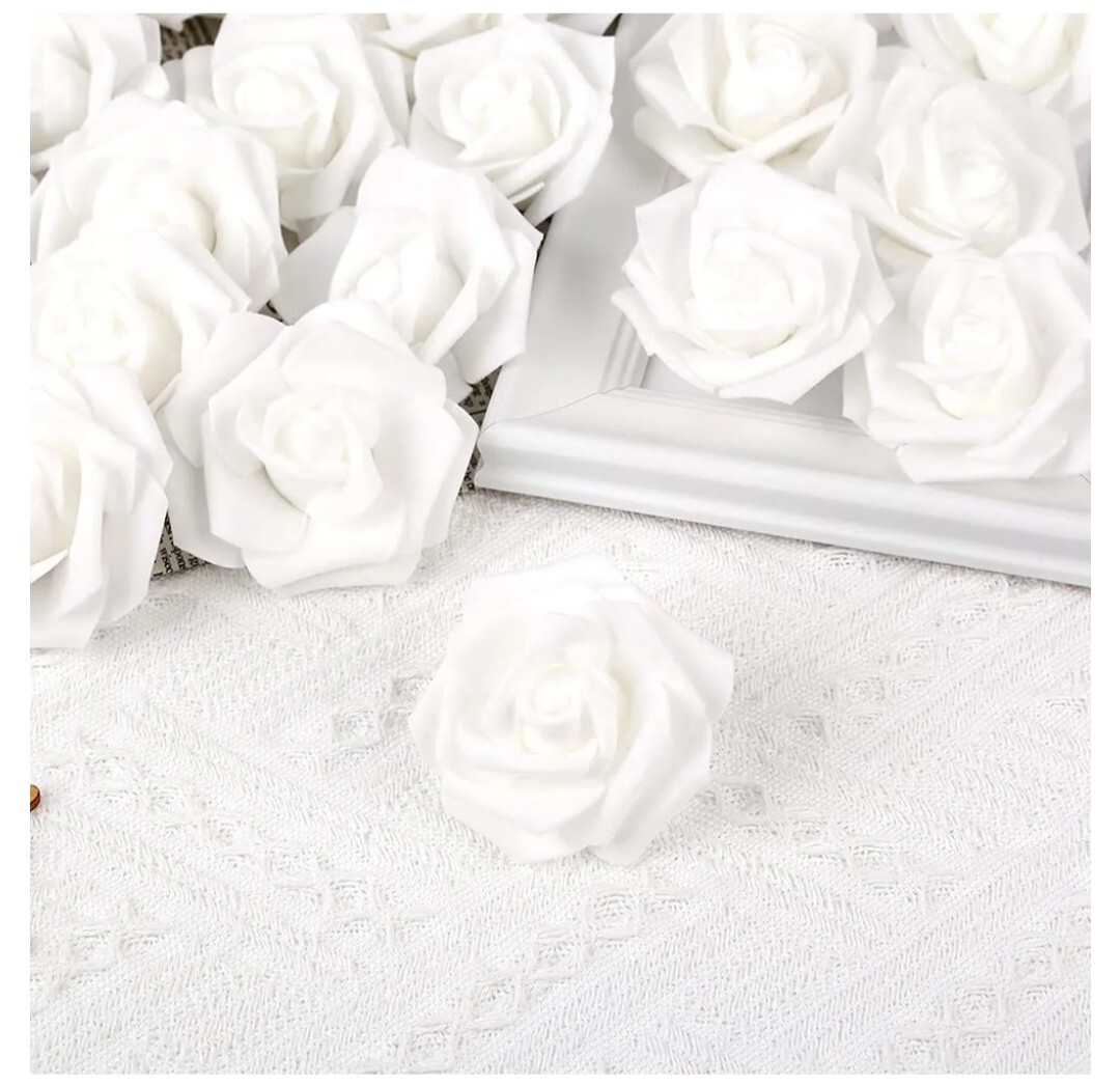 IPOPU 100 Pcs Artificial Rose Flower Heads Real Looking WhiteFoam Fake Roses B23