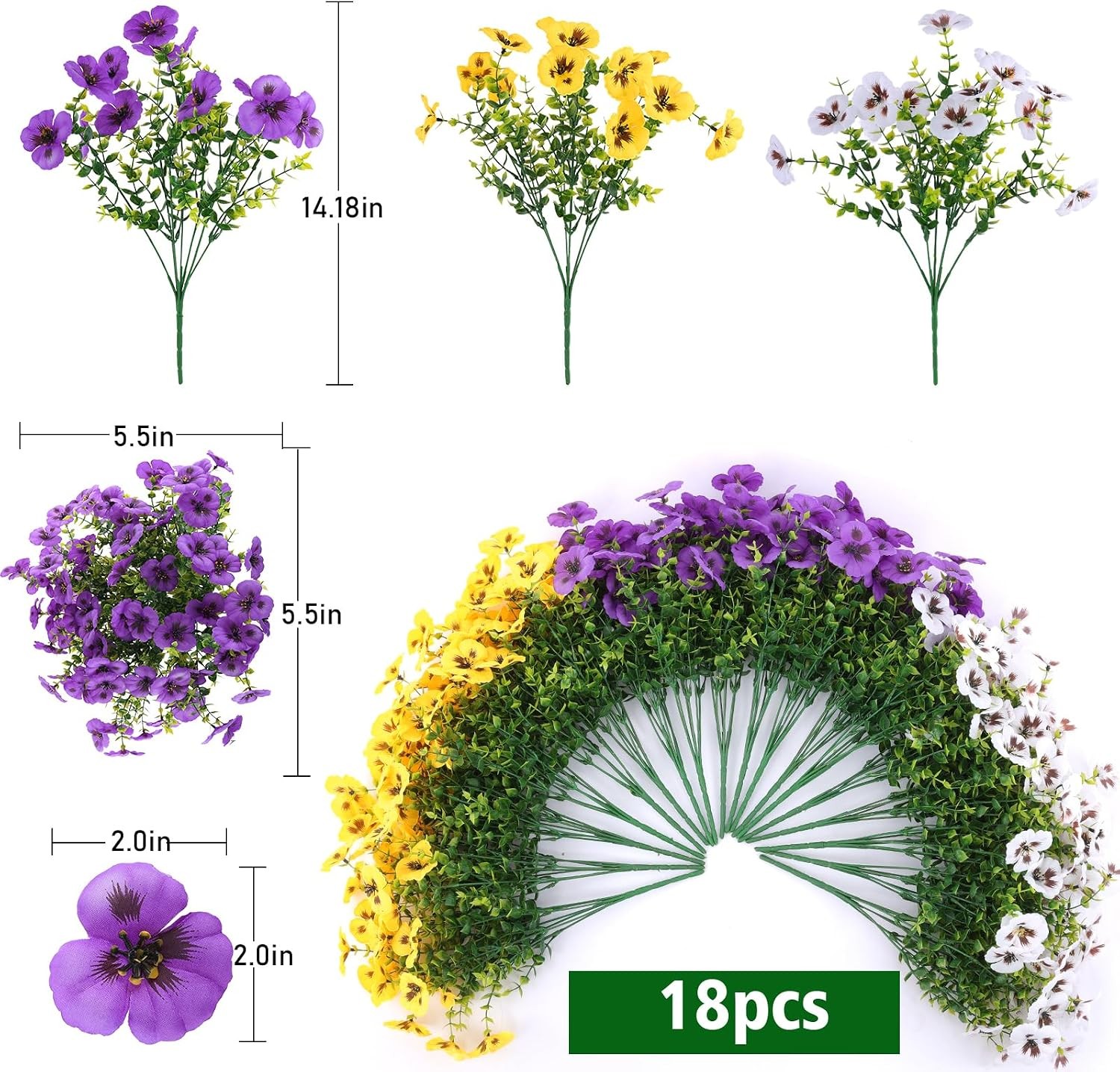 18 Pcs Artificial Fake Pansy Flowers for Outdoor, Faux Silk Pansies Spring