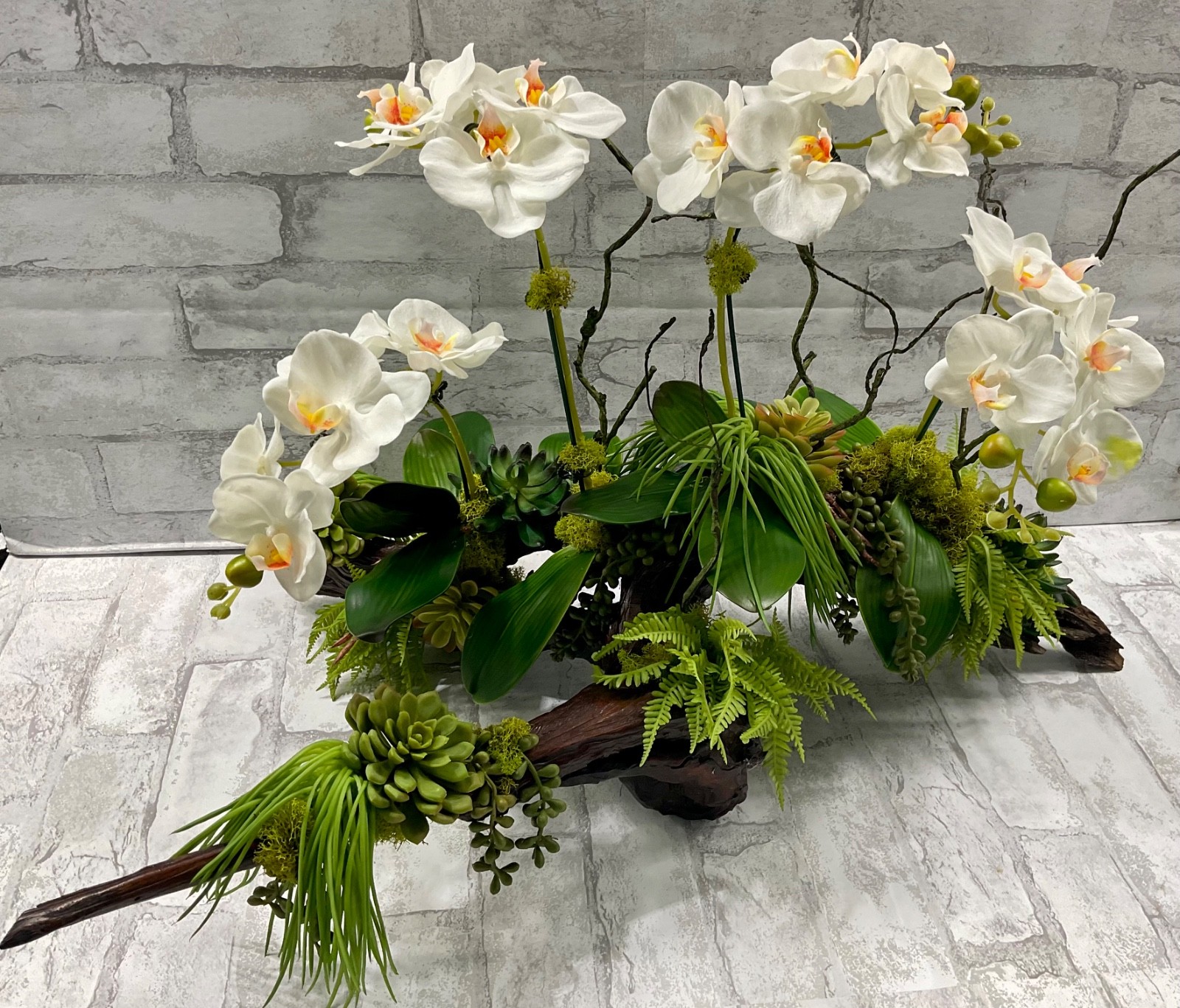Large Driftwood Orchid Arrangement, White Real Touch Orchids Succulents 28’x17′