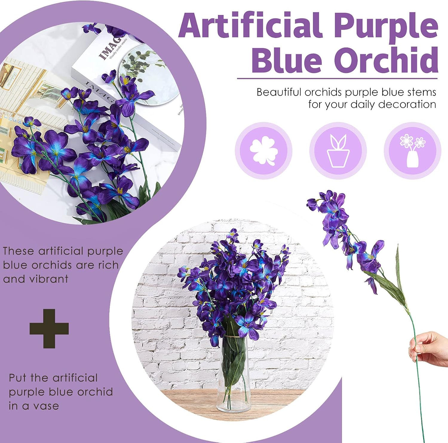 8 Pieces 27 Inches Artificial Purple Blue Orchid Faux Flowers Purple Orchids Sil