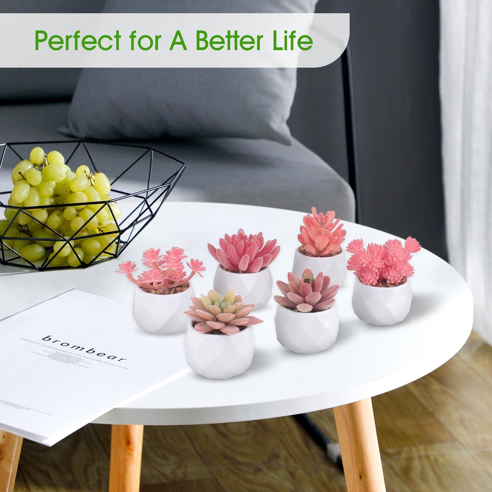 6 PCS Fake Succulent Plant Set Colorful Faux Succulents Plastic Pots Pink