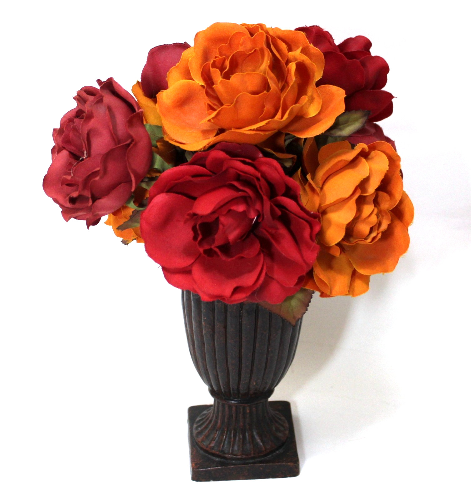 Vintage Urn Planter Brown Vase with Silk Flower Arrangement Red Roses
