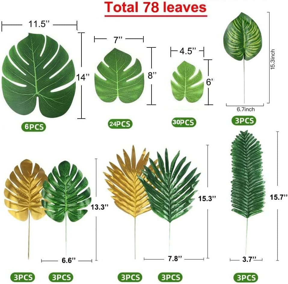 78 Pieces 9 Kinds Artificial Tropical Leaf Jungle Leaves Golden Plant Safari Lea