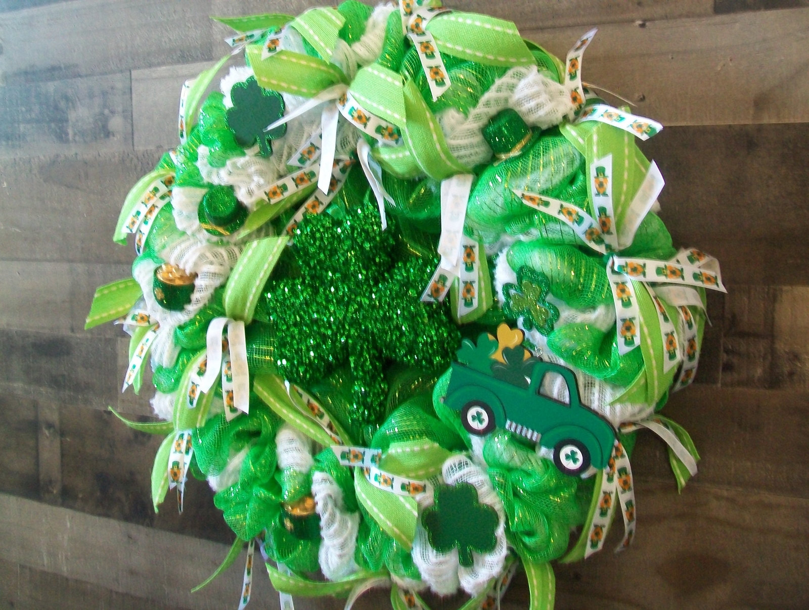 Large Green & White Saint Patrick’s Day Glittered Shamrock Mesh Wreath