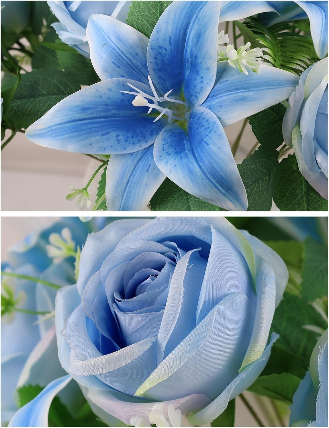 Artificial Cemetery Flowers 2 Set Lilies Roses Mixed Blue Silk with Vases