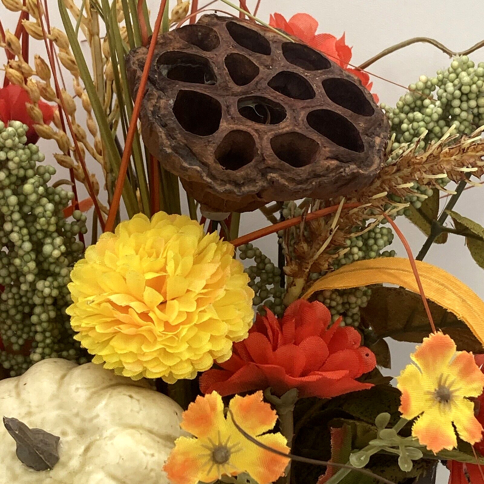 Artificial Flower Arrangement In Metal Wall Pocket Lotus Pod White Pumpkin