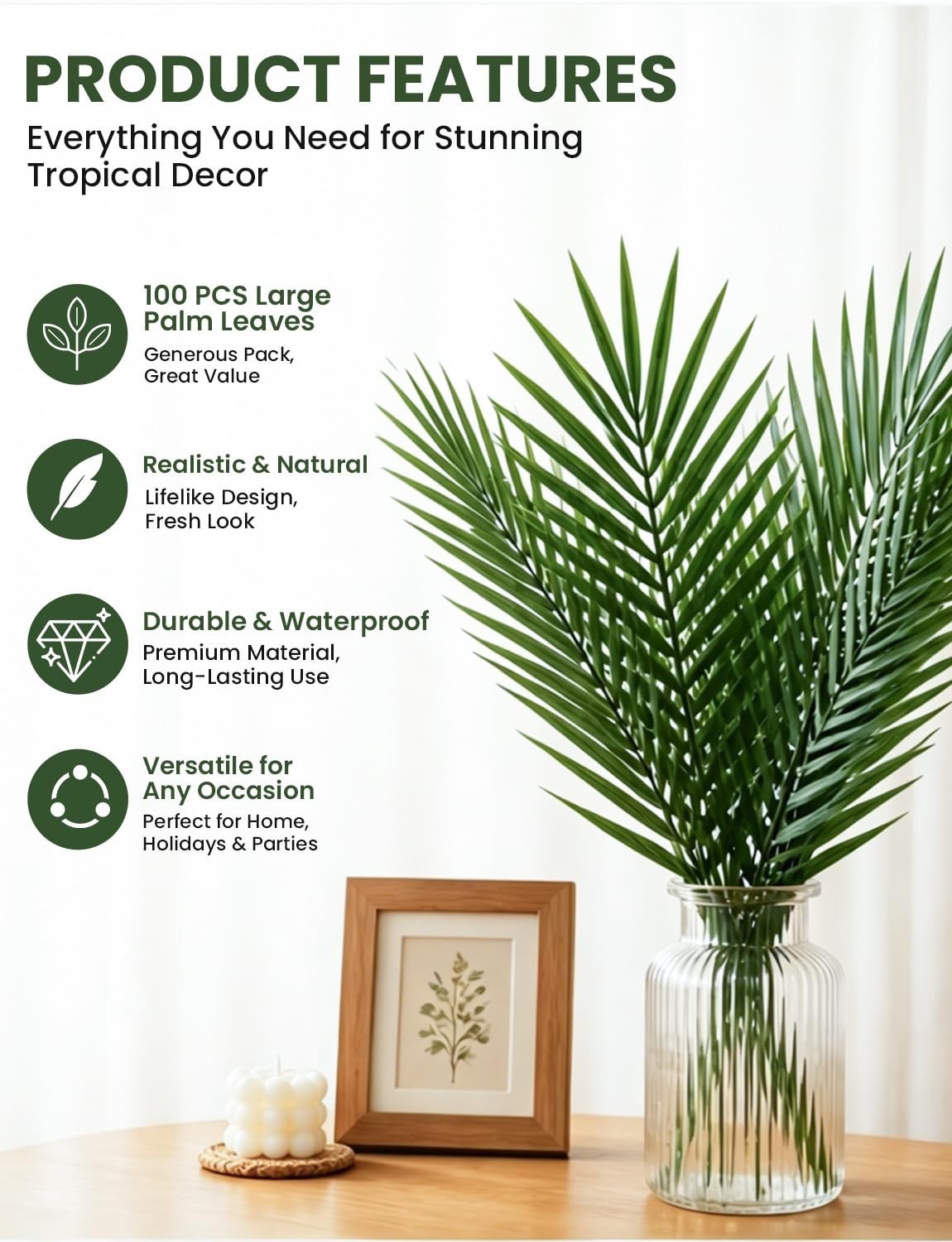 100 Pcs 25″ Faux Palm Leaves – Lifelike Tropical Fronds for Weddings, Luau & Dec