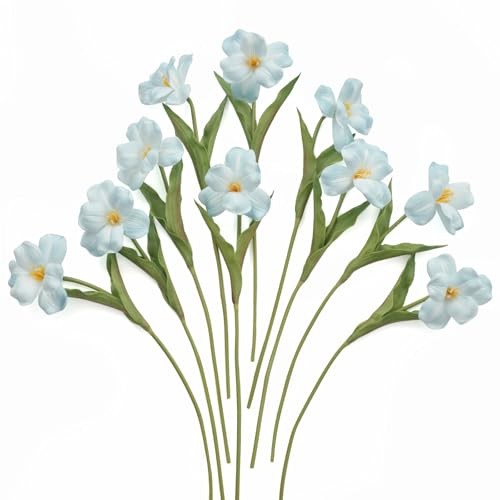 10pcs Fake Flowers, 15.3″ Blooming Tulips Artificial Flowers, Real Light Blue