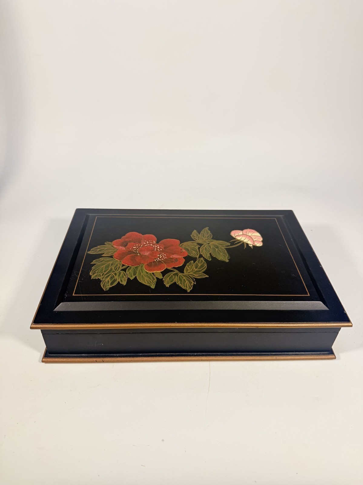 Jewlery Box Embossed Flowers Chinoiserie Oriental Boudoir Table Home Decor Black