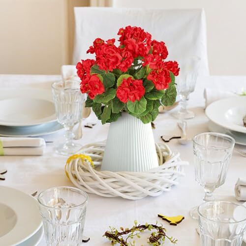 Artificial Red Geranium Silk Flowers Outdoor Plant Bush 2 Bundles Geranium Red