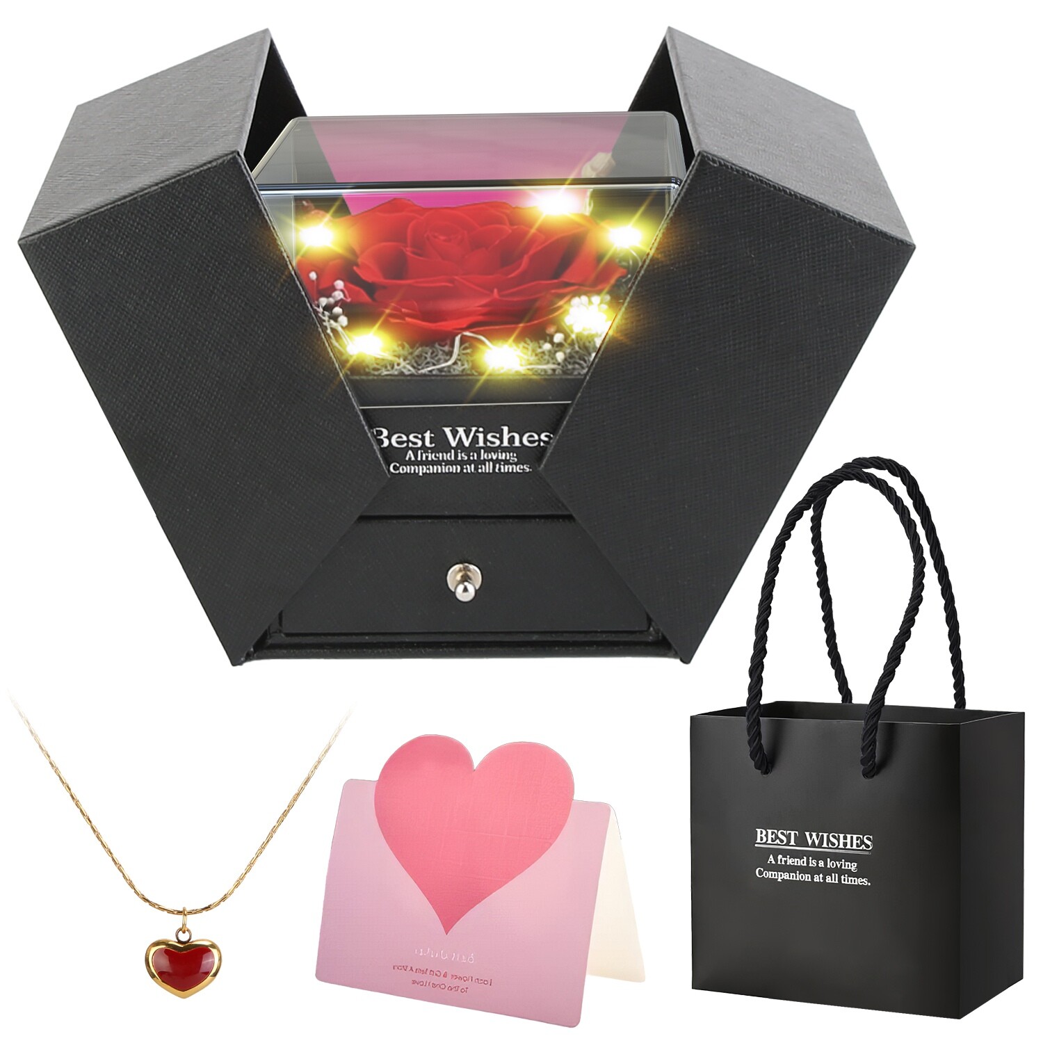 Preserved Eternal Real Rose Flower Gift Box with Heart-Shaped Necklace for Mom