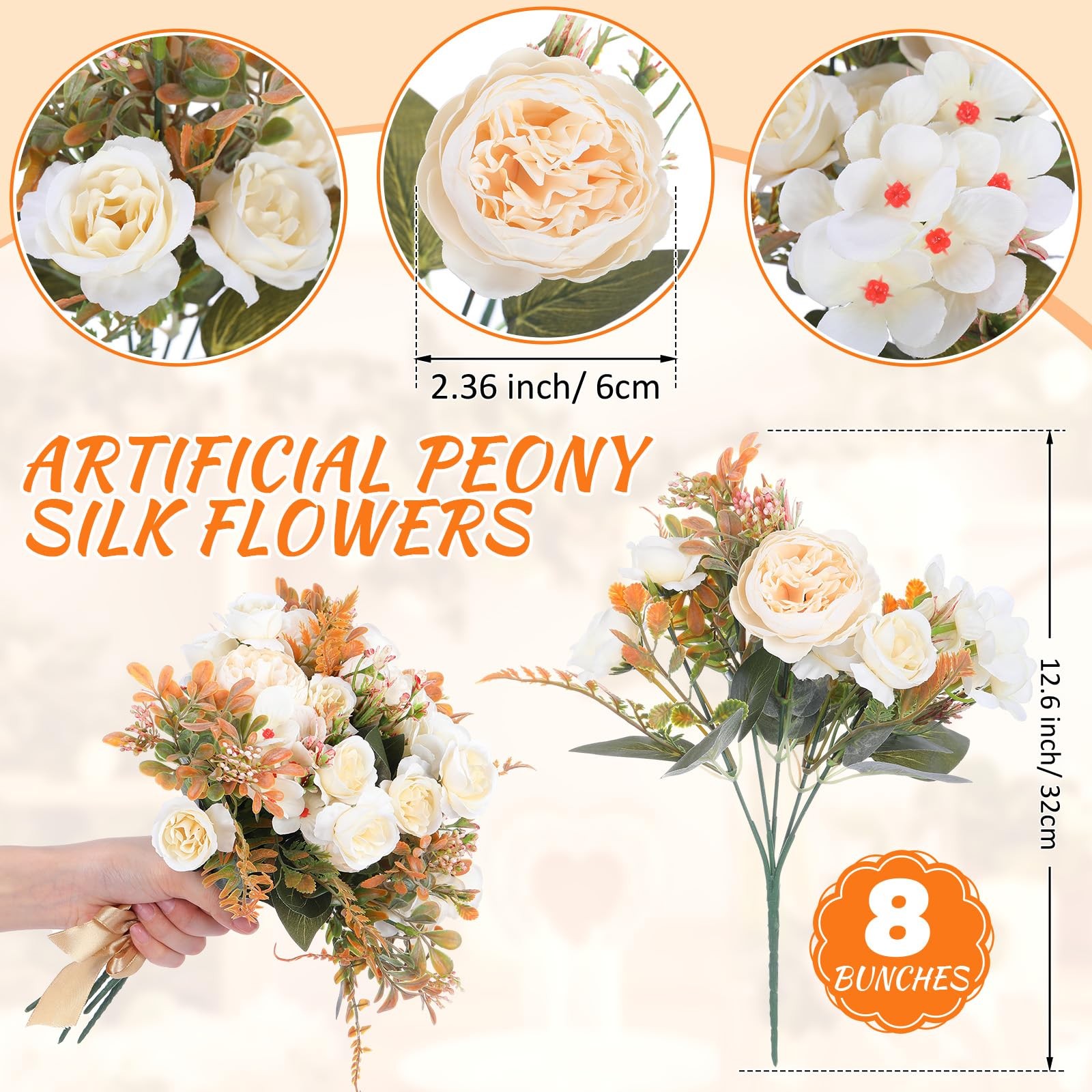 8 Pieces Peonies Artificial Flowers Bouquet Fake Hydrangea Flower Bulk Rose F…