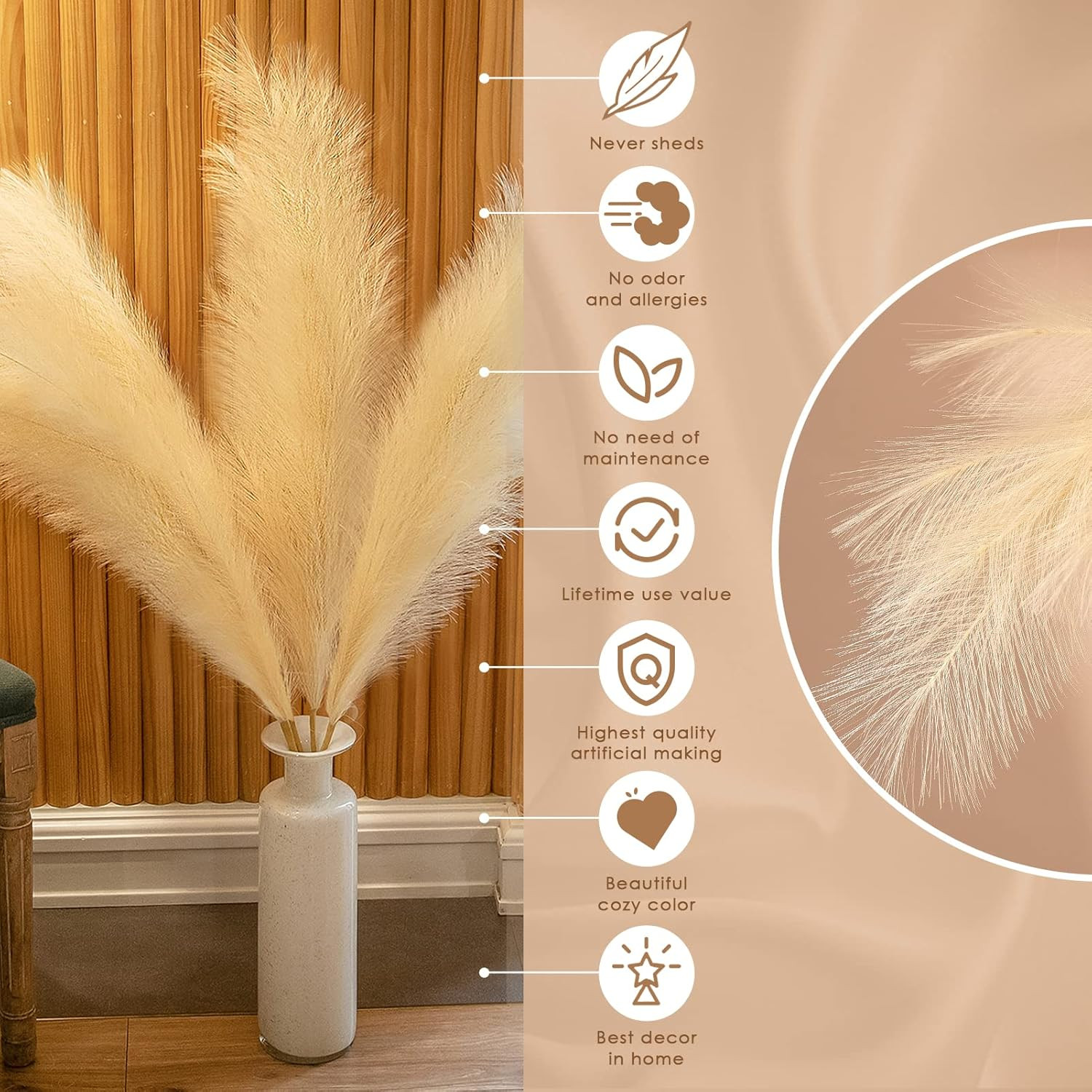 3Pcs 71″ Large Pampas Grass Decor, Tall Faux Fluffy Artificial Dried Pompous Gra