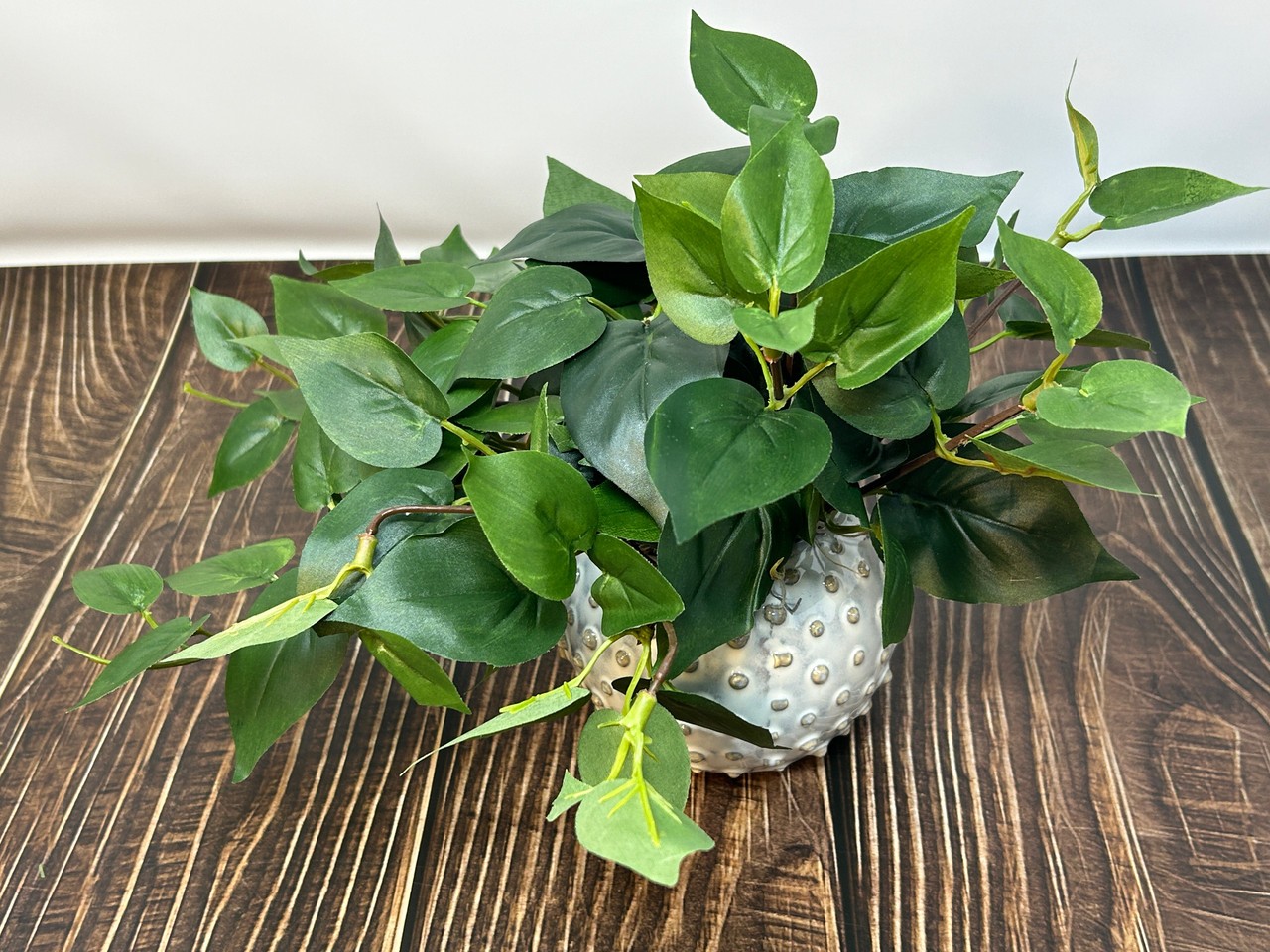 8″ Potted faux GREEN POTHOS Vine Silk plant, Cream Dot Ceramic pot