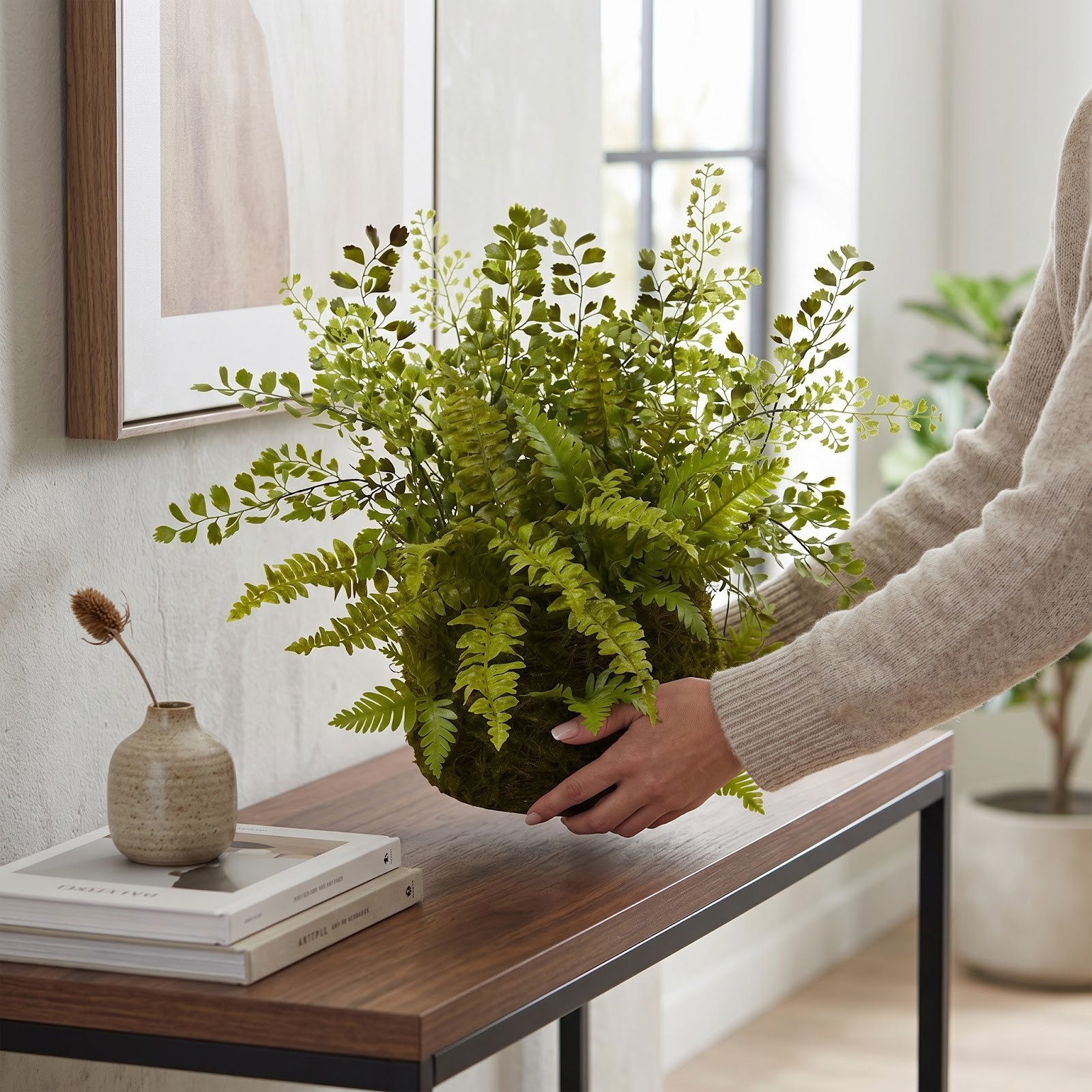 Mixed Fern w/Twig and Moss Basket