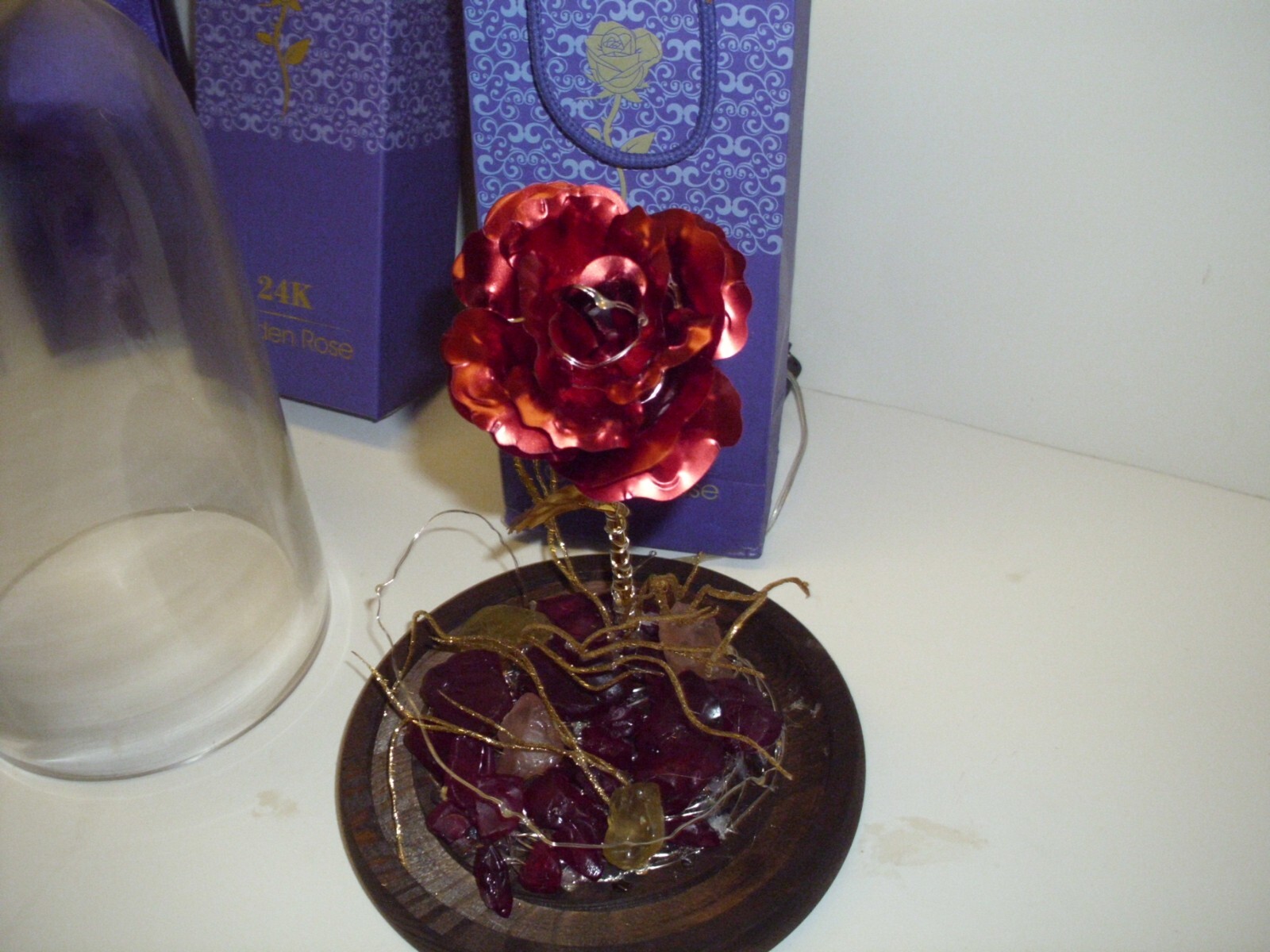24K Golden Rose Gold Dipped Rose Box,Bag,Lights Heavy Crystal Dome Oak Base