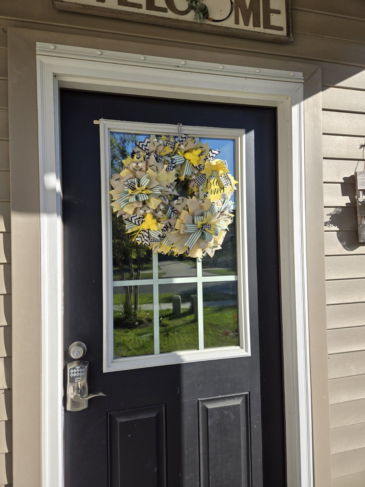 BEE happy WELCOME Spring Summer Fall Front Door Wreath Wall Decor Yellow Green