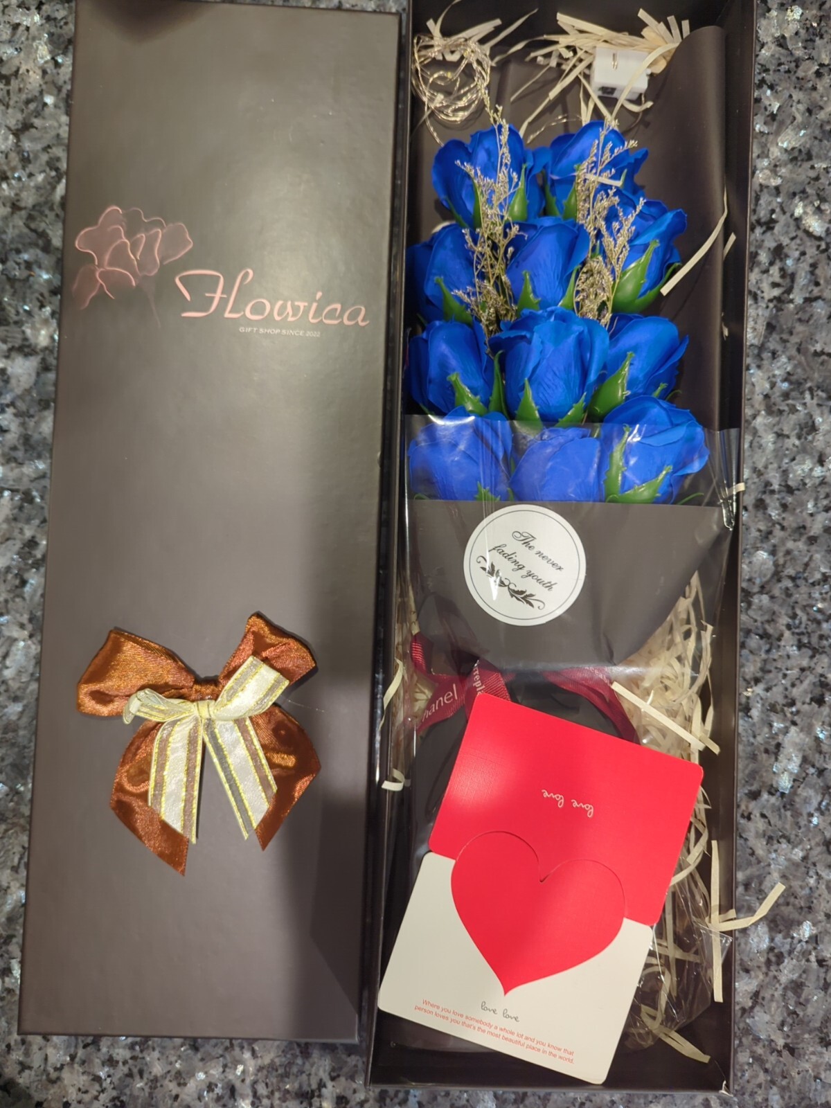 Gift Box Preserved Flower Bouquet, from Flowica Gift Shop and LED Lights, Blue