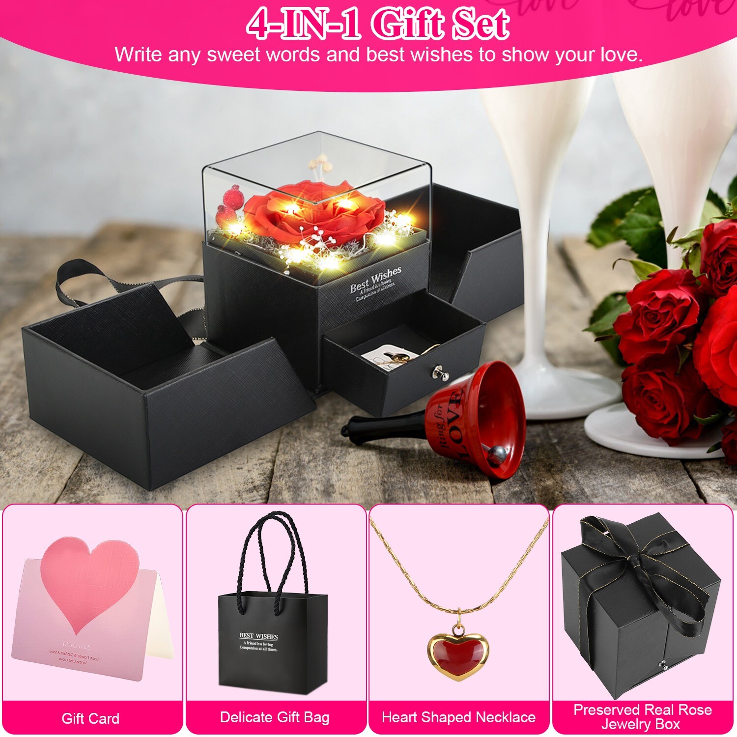 Preserved Eternal Real Rose Flower Gift Box with Heart-Shaped Necklace for Mom