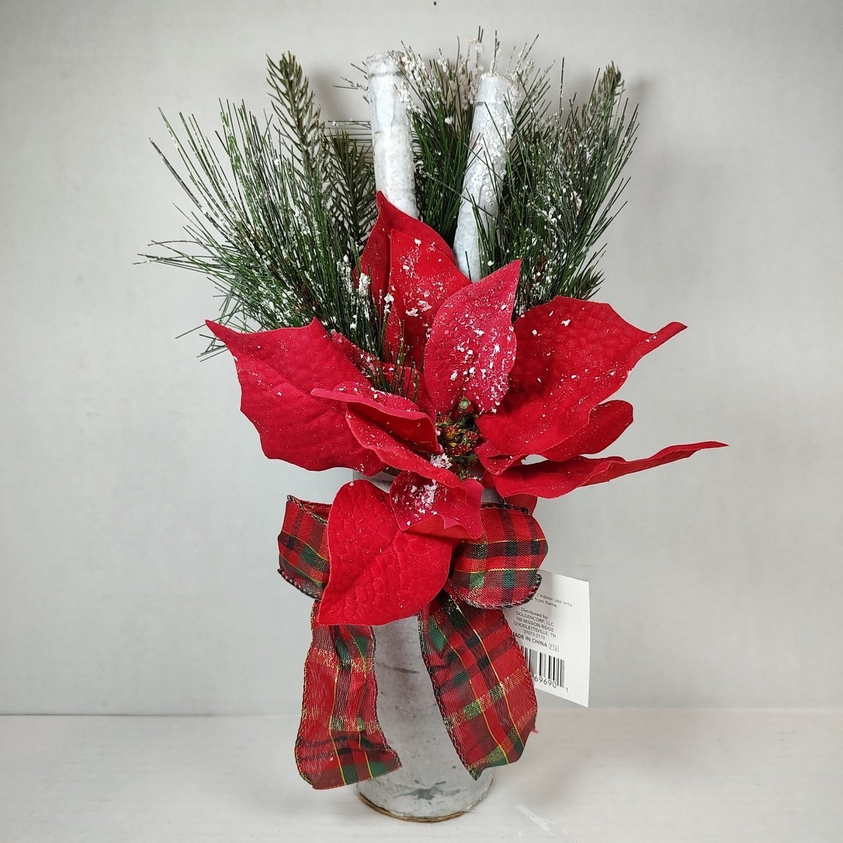 Red Plaid Holiday Christmas Flower Floral Bouquet Arrangement Poinsettia Birch