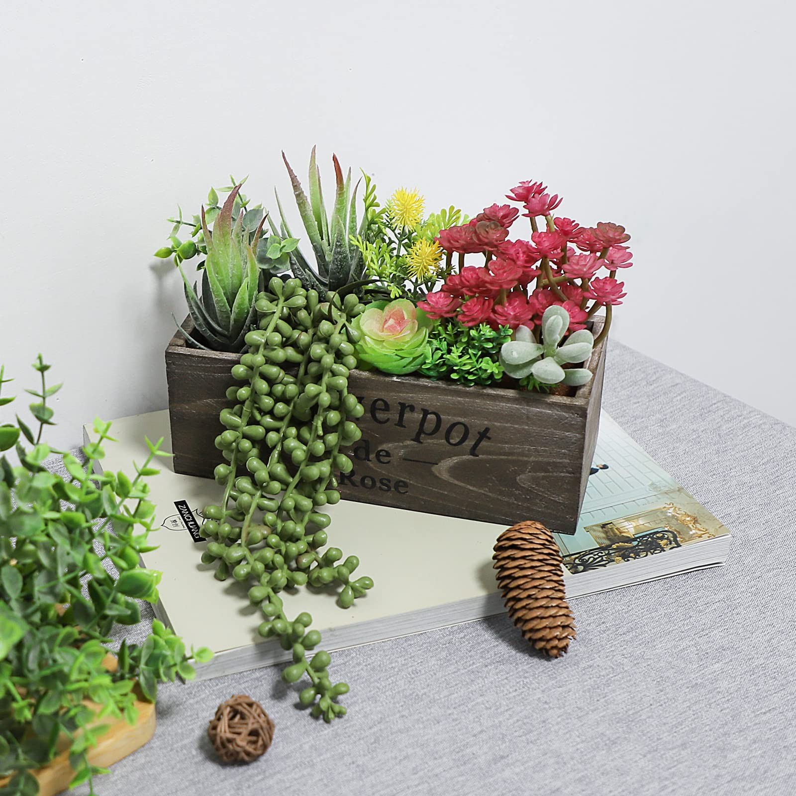 Artificial Succulent Arrangement Wooden Planter Fake Rustic Box Faux Pot Decor