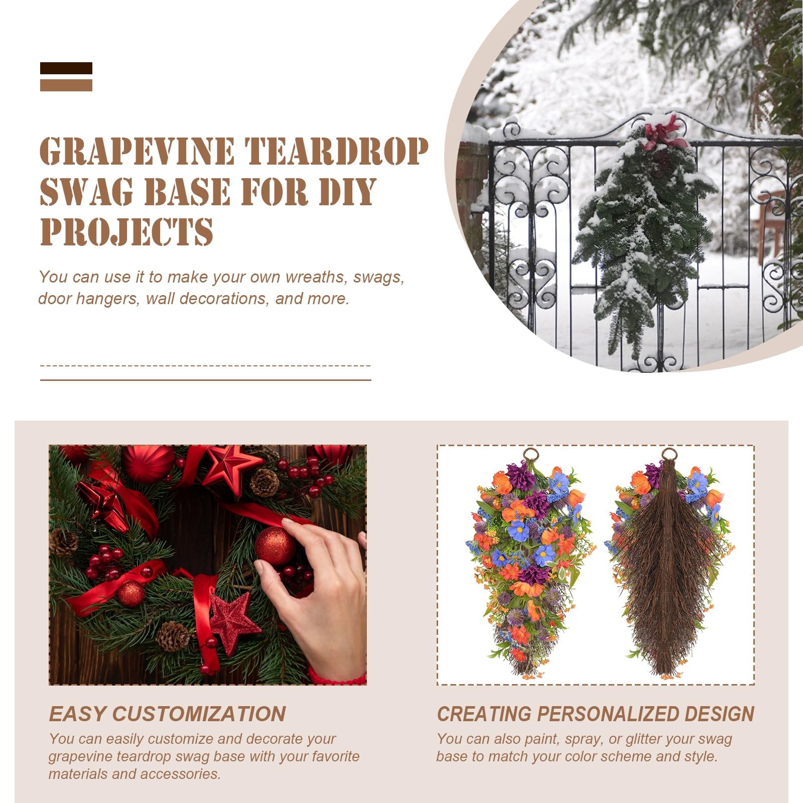 2 Pack 22 Grapevine Teardrop Swag Base, Natural Wreath Form, DIY Crafts, Decor