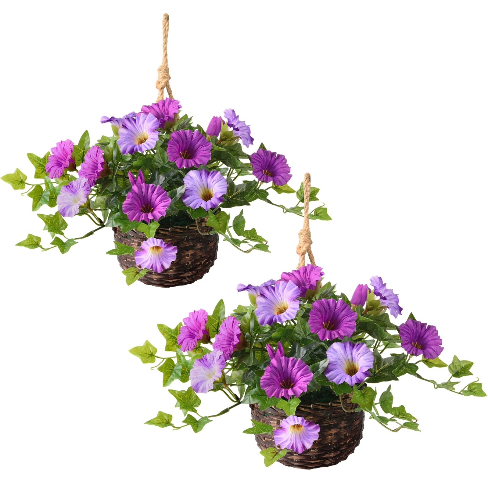 2 Set Artificial Outdoor Flowers with Hanging Basket, 2 Hanging Planters Faux…
