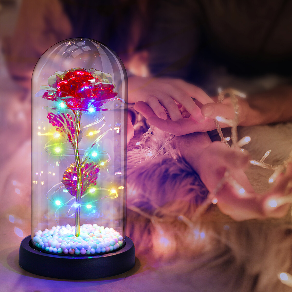 Preserved Eternal Gold Foil Rose In Glass Galaxy Flower Dome LED Light Gift Her