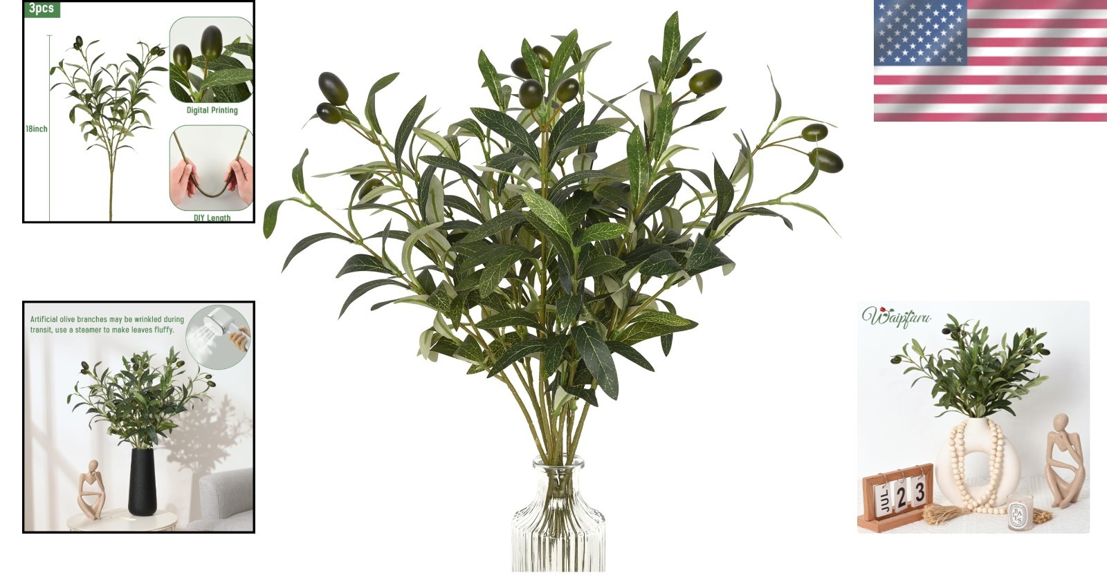 Elegantly Realistic Faux Olive Branches 18” for Home and Event Decor – 3Pcs