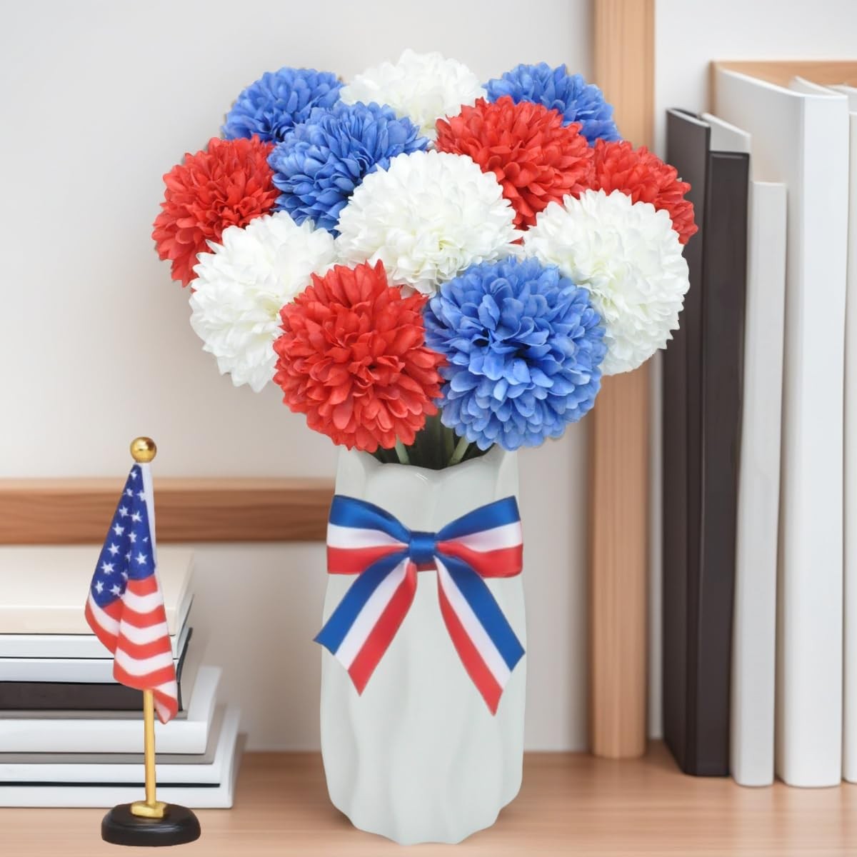 12 PCS Red White Blue Artificial Chrysanthemum Ball Flowers 4th July Decor