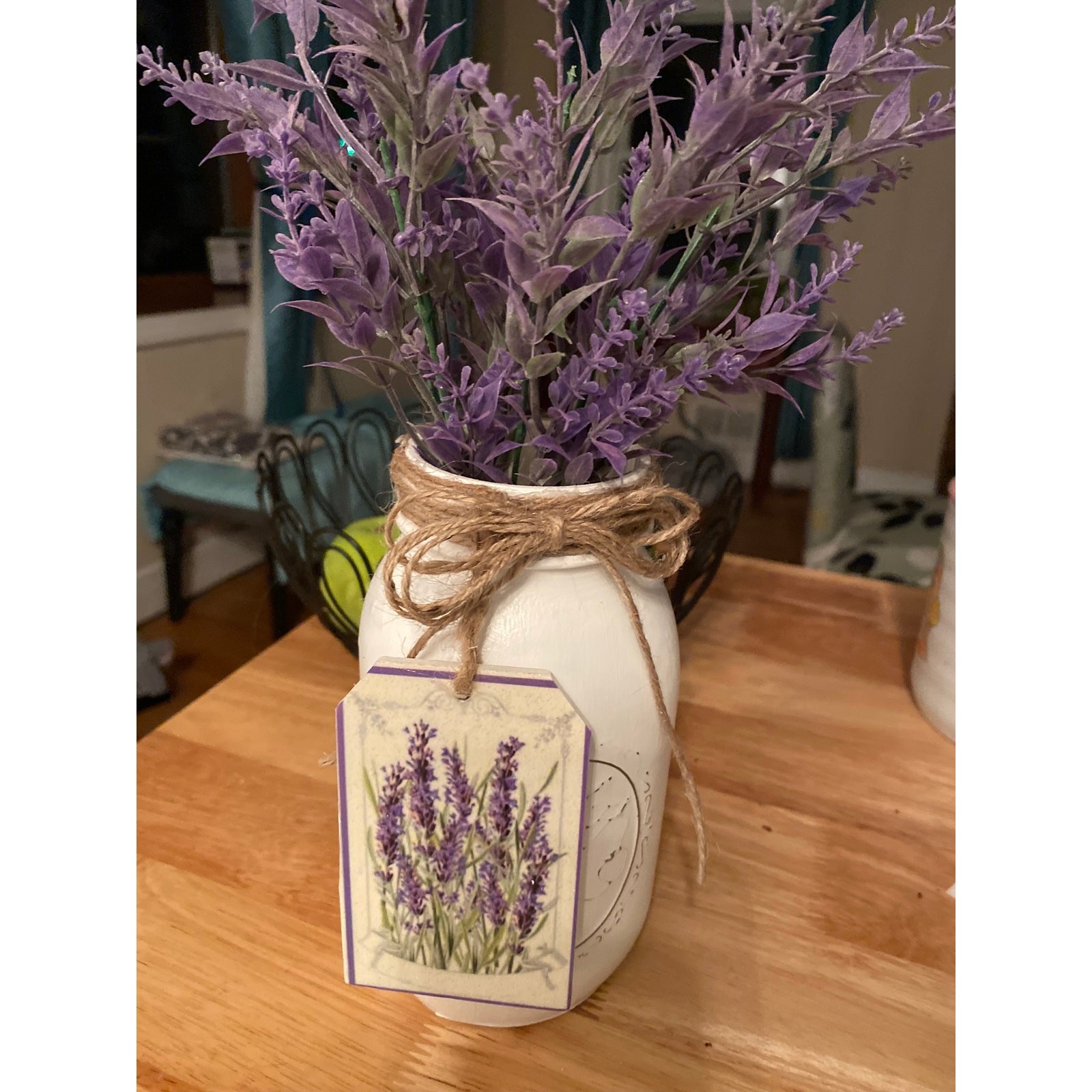 French Country Mason Jar filled with Faux Lavendar, Table Decor, Shabby Chic