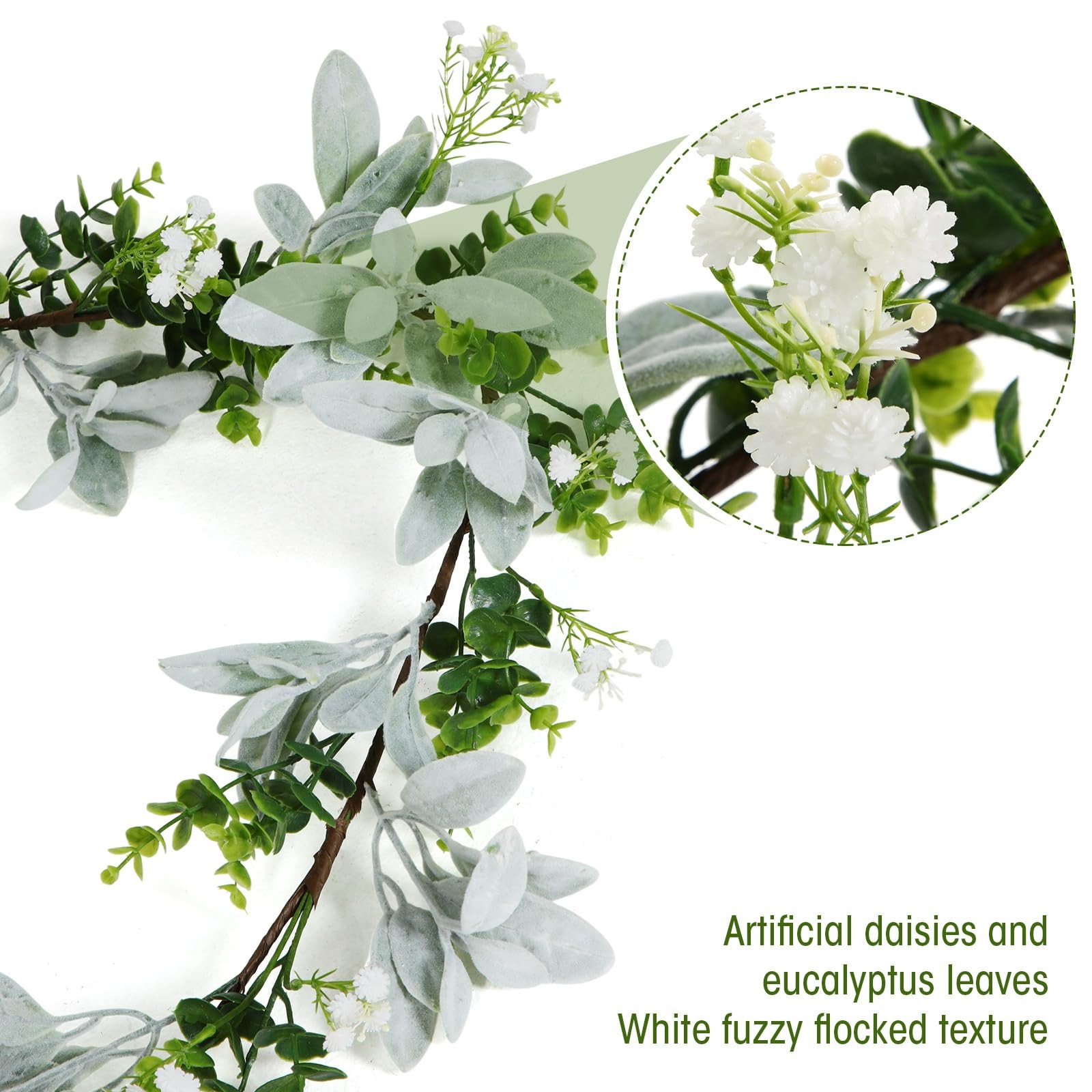 6 ft Artificial Eucalyptus Garland and Flocked Lambs Ear with Daisy Flower, E…